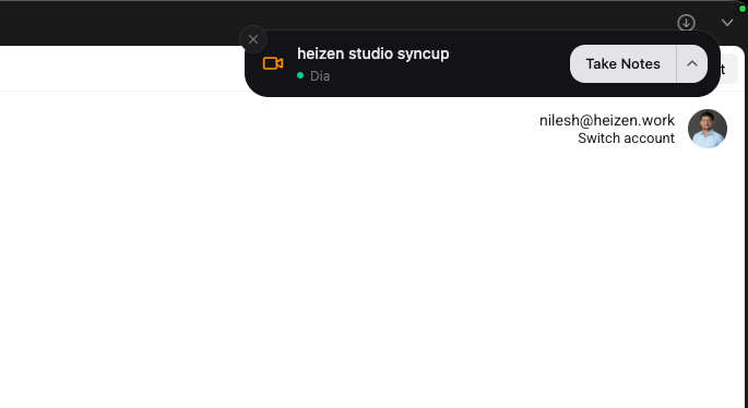 A Heizen Meets meeting-detected notification showing the app name, Take Notes primary action, and secondary options