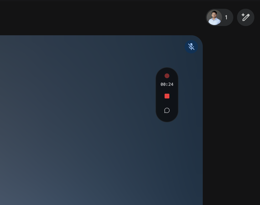 The compact Heizen Meets live assistant pill showing recording duration, open-meeting, stop, and expand controls