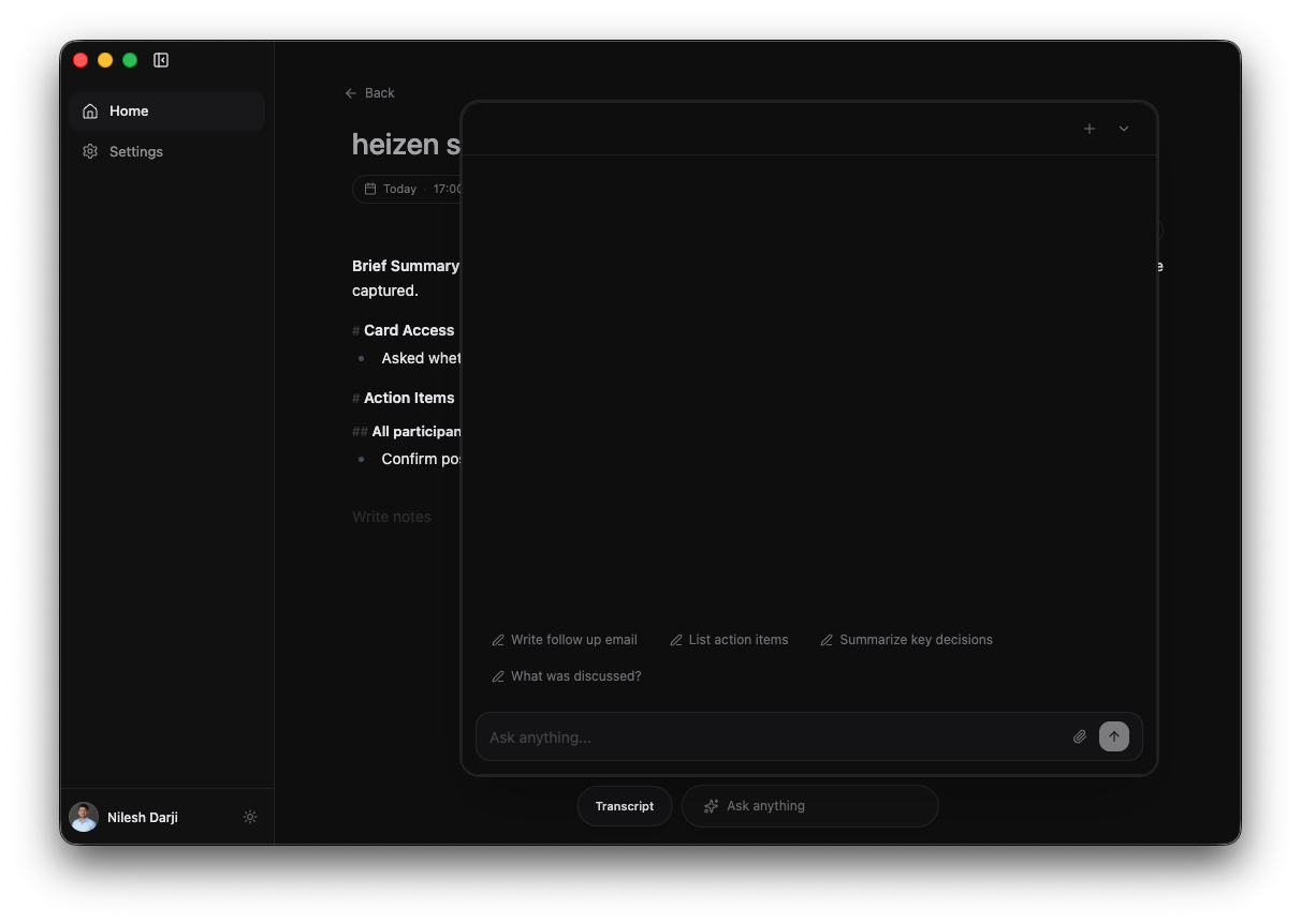 The Heizen Meets Ask anything panel showing example prompts, chat history, New Chat, the attachment control, and the message input