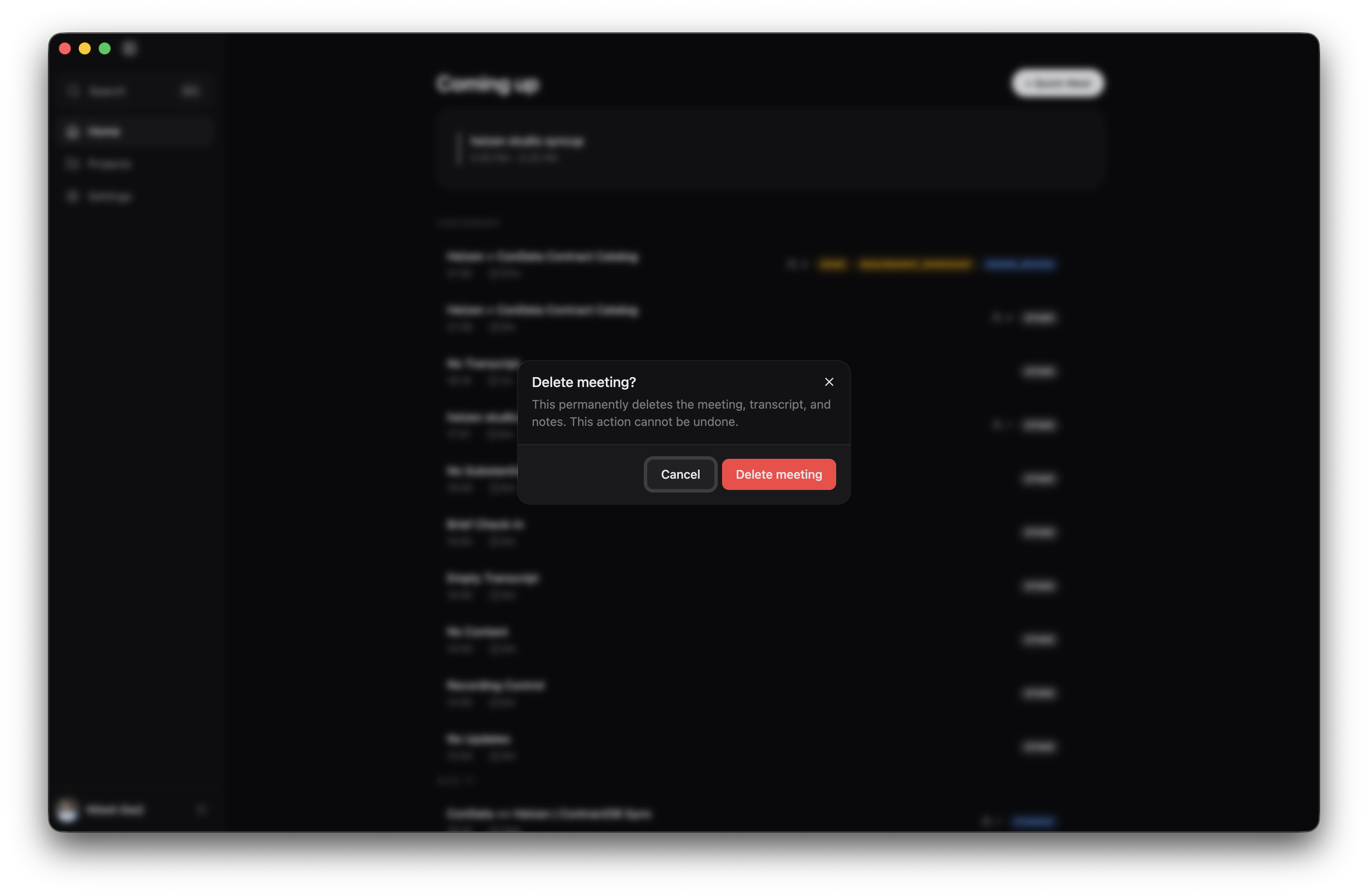 The Meeting actions menu and Delete meeting confirmation explaining that the meeting, transcript, and notes will be permanently deleted