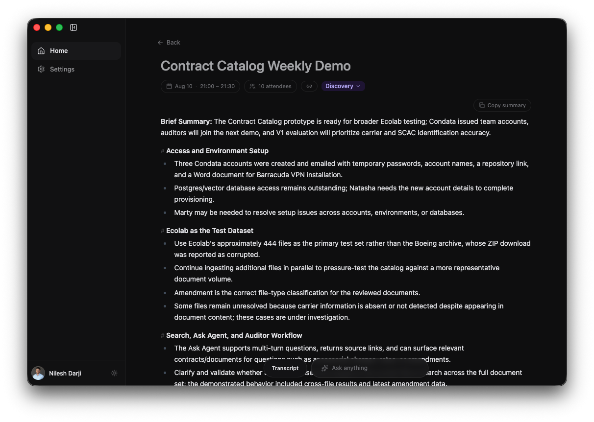 A completed Heizen Meets detail page showing the meeting title, metadata chips, generated summary, personal notes area, Transcript, and Ask anything