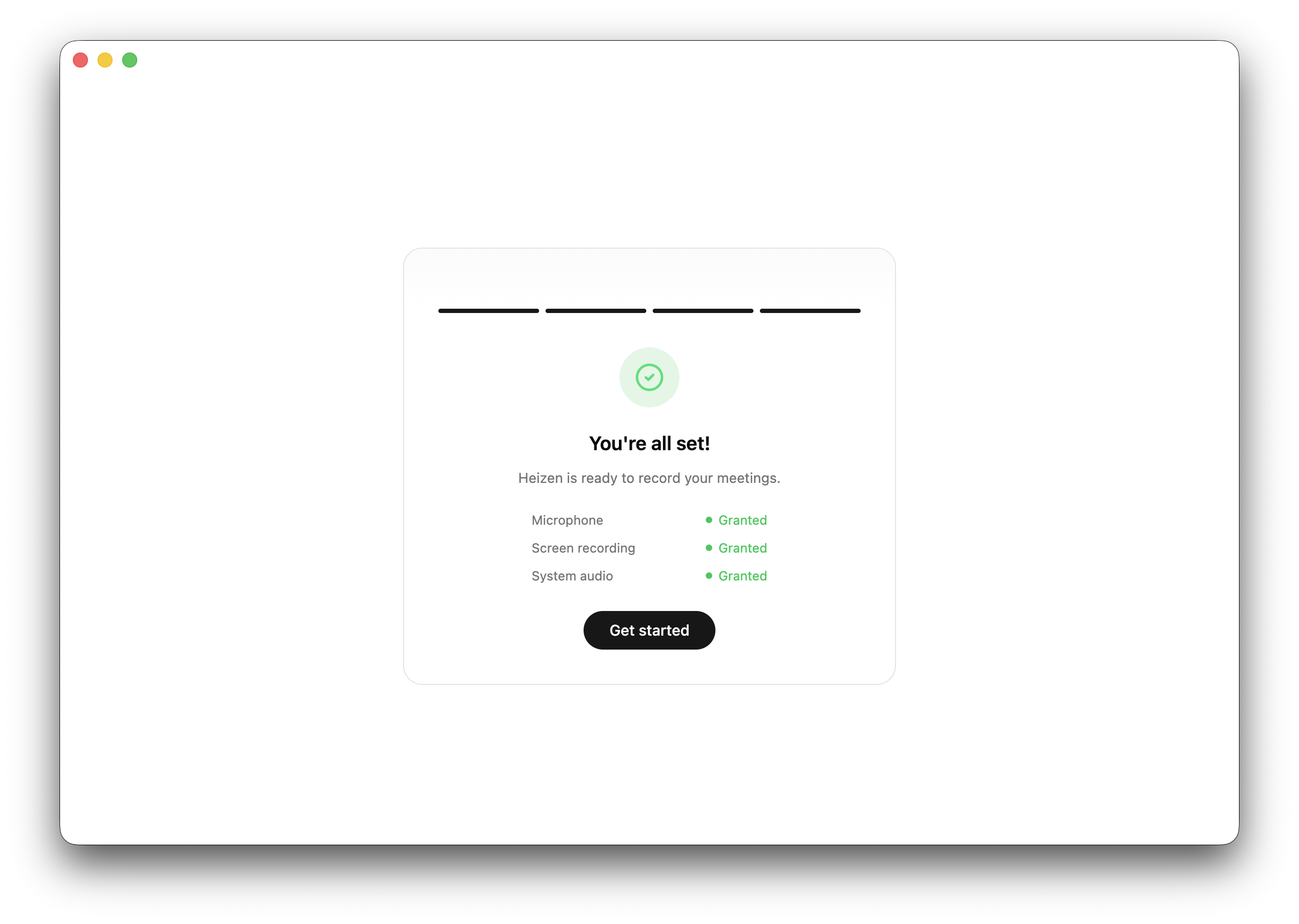 Heizen Meets setup completion screen listing Microphone, Screen recording, and System audio permission statuses above the Get started button