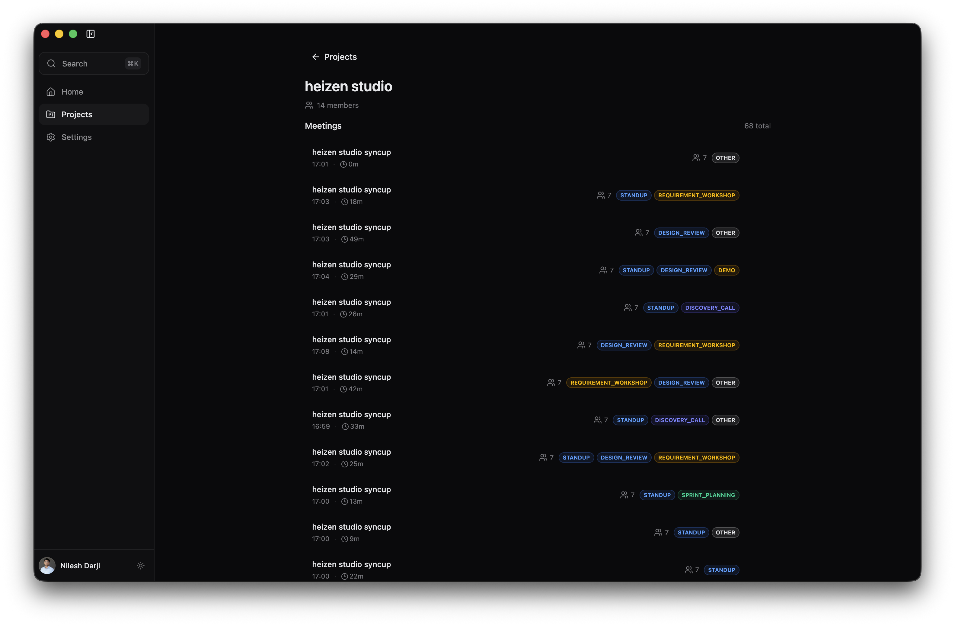 A Heizen Meets project page showing the project name, member count, total meeting count, meeting rows, and Load more action