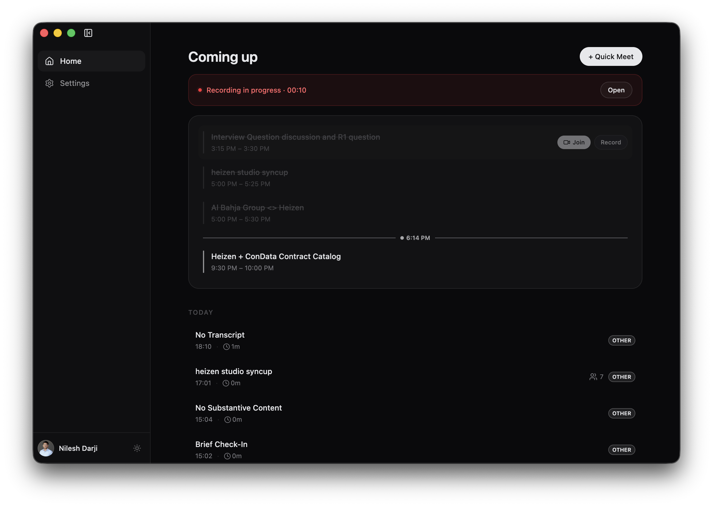 Heizen Meets Home during a live recording with the red recording indicator, elapsed duration, and Open action