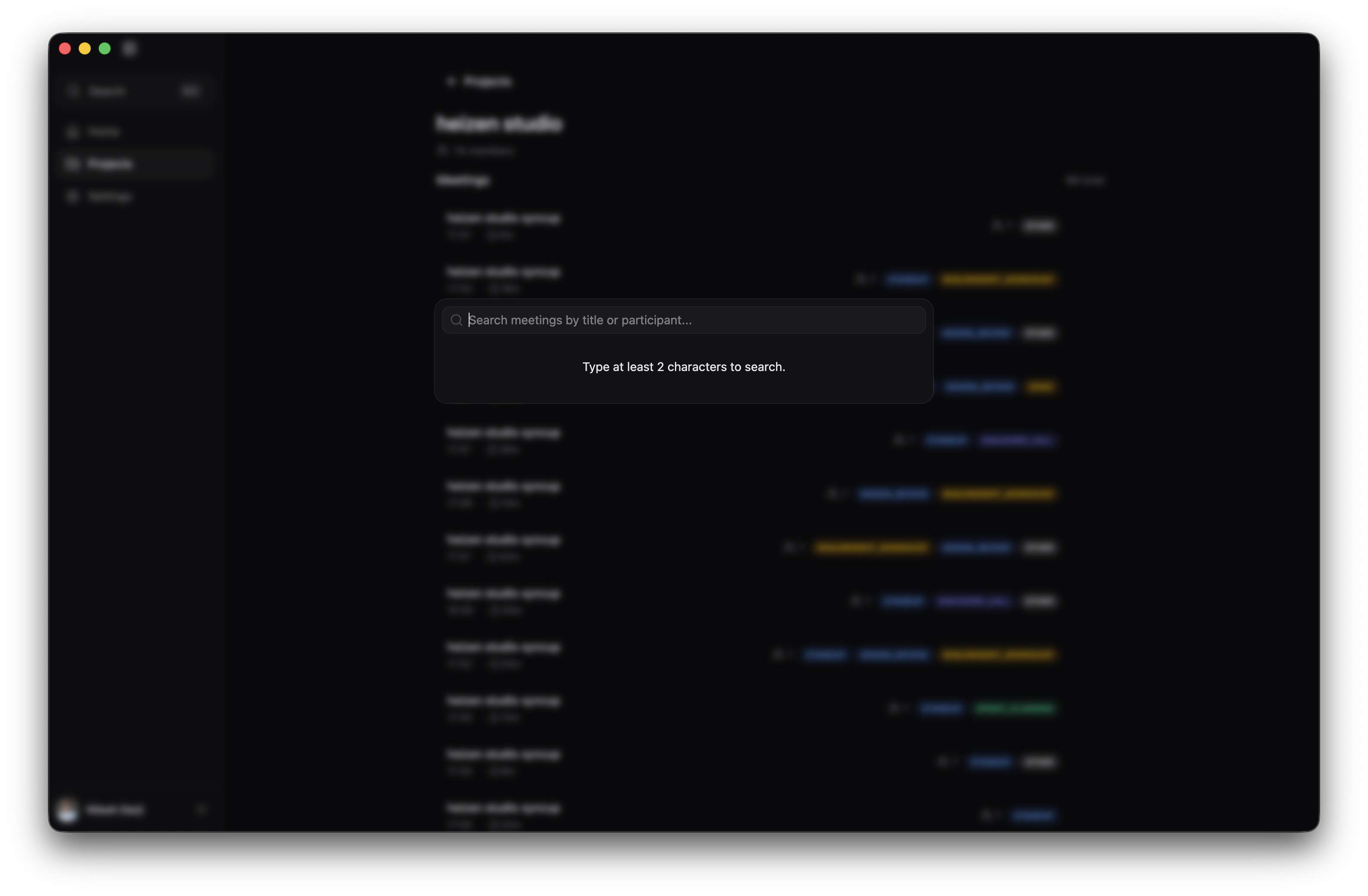 The Heizen Meets sidebar with the Search button and Command-K shortcut, alongside the open Search meetings dialog