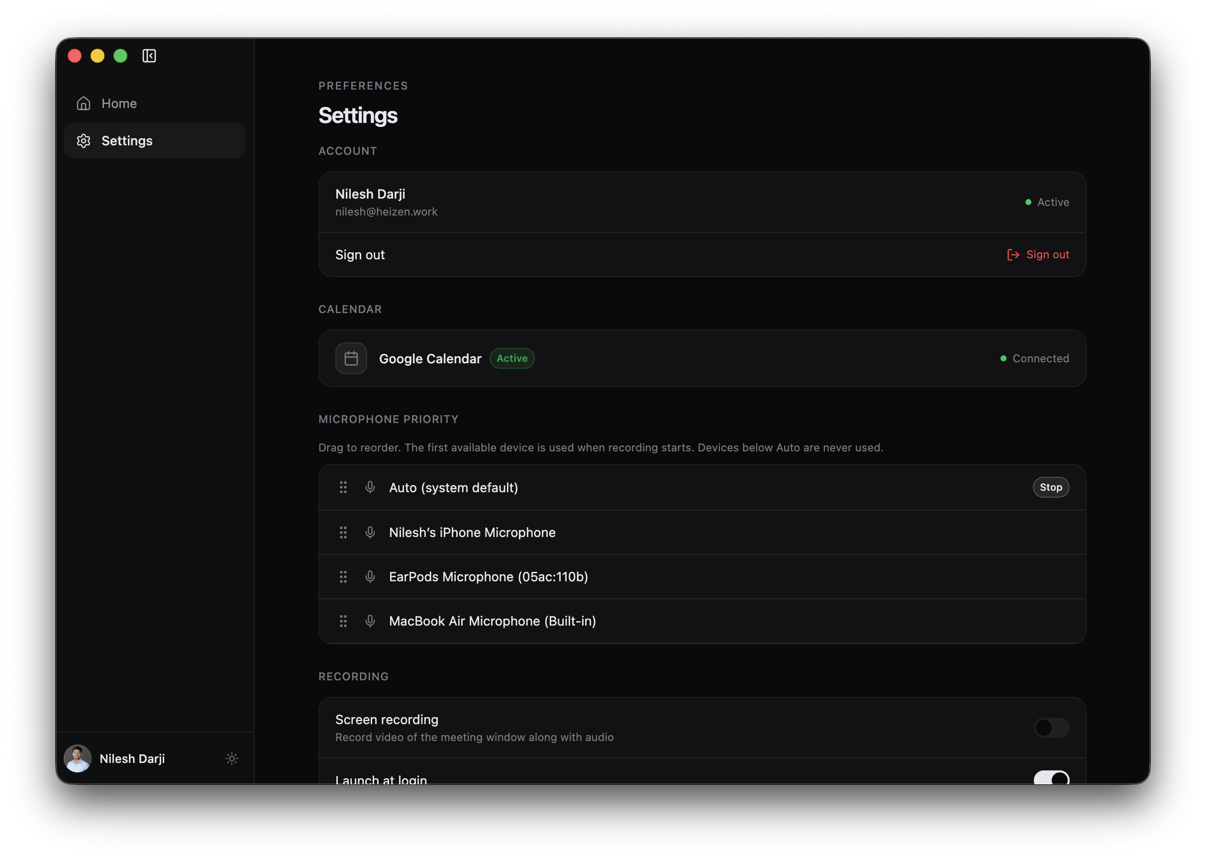 The upper Heizen Meets Settings page showing Account, Calendar, Microphone Priority, Screen recording, and Launch at login