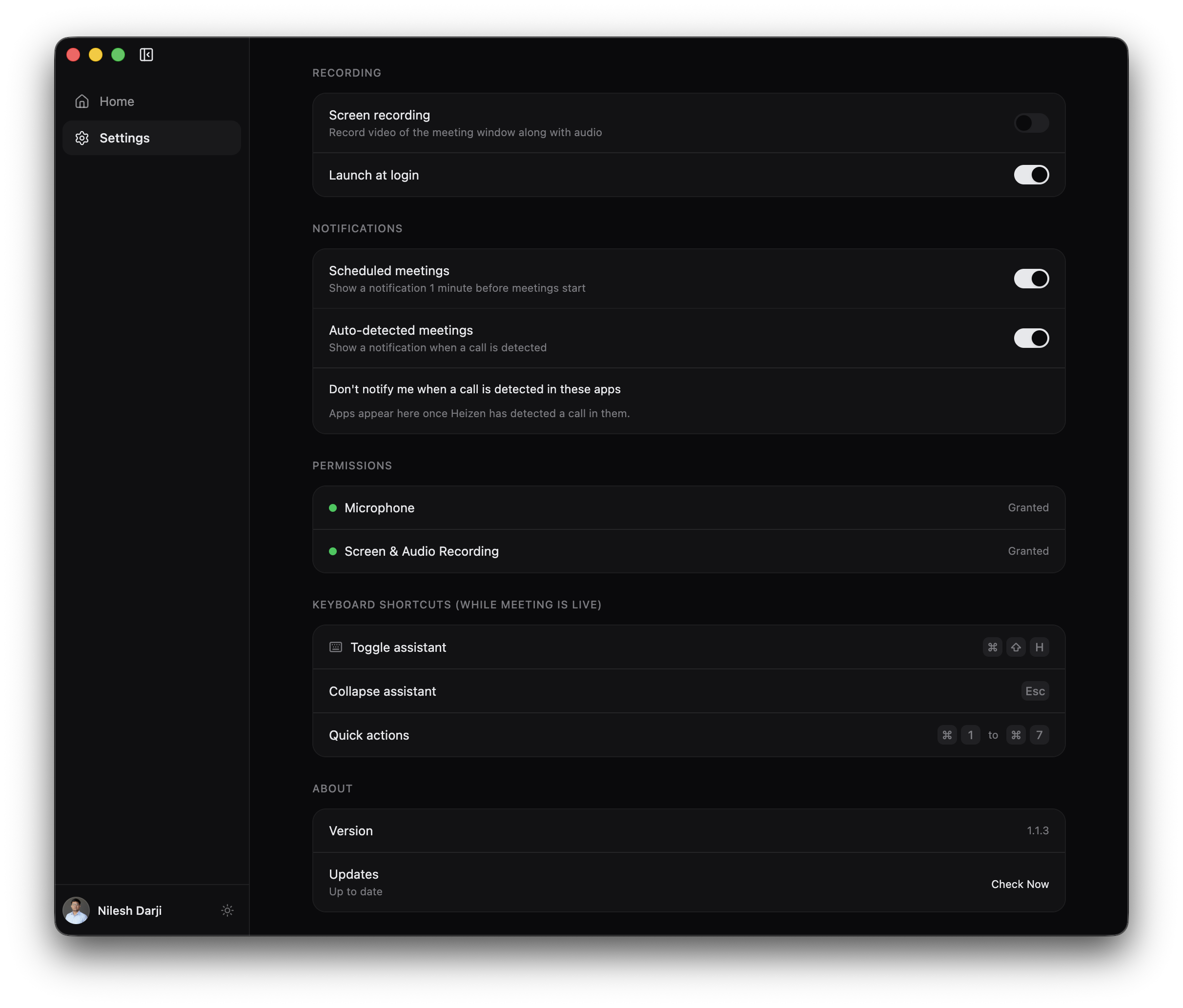 The lower Heizen Meets Settings page showing scheduled and auto-detected notification toggles, muted apps, permission states, live-meeting shortcuts, and updates