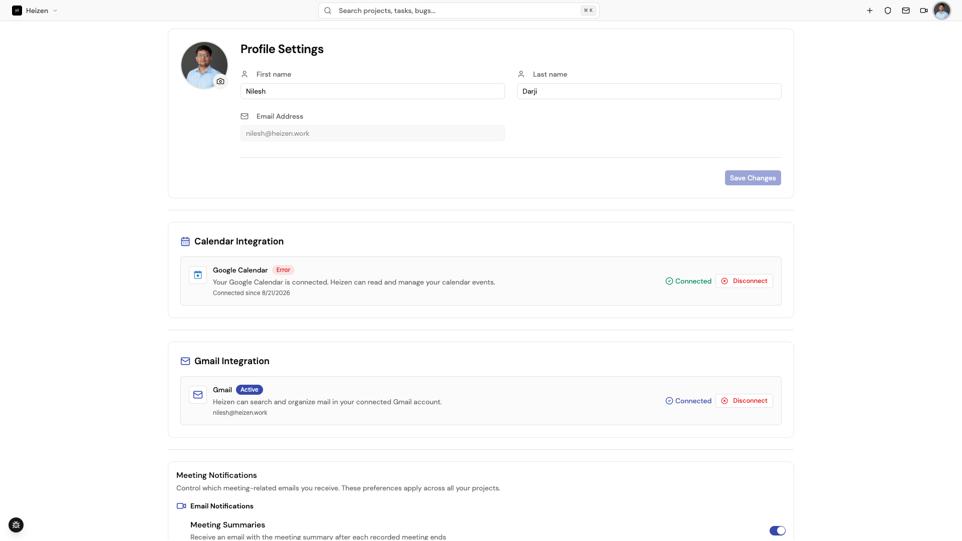 Account Settings page showing profile, meeting credits, Google connections, notifications, password, and account data controls