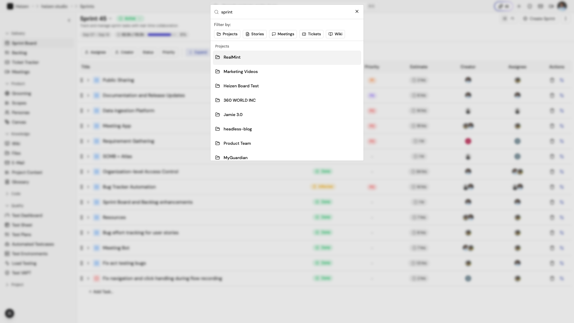 The global search dialog open with a query typed and Filter by chips for Projects, Stories, Meetings, Tickets, and Wiki.