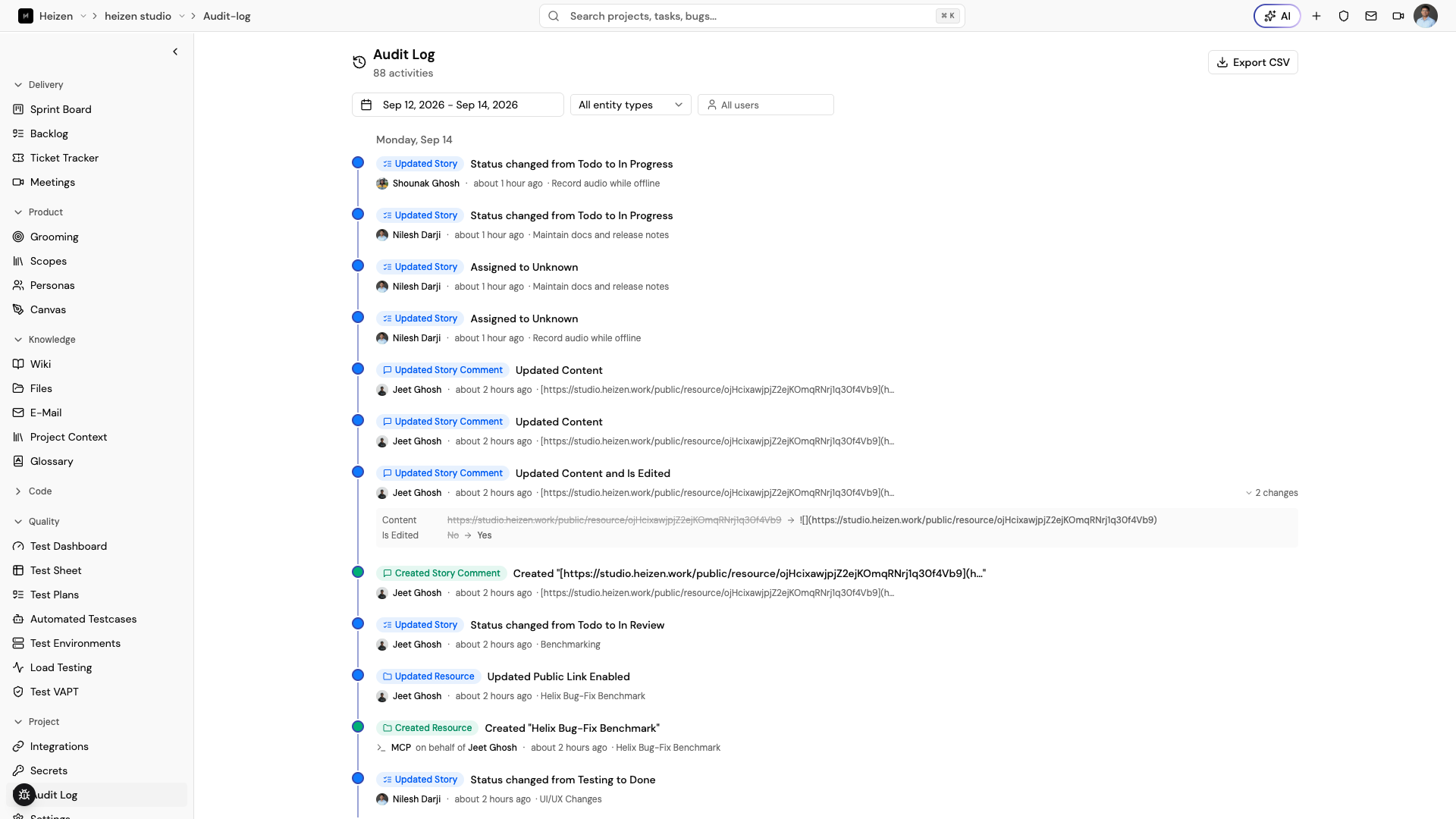 An expanded audit log entry showing a before/after diff for two changed fields.