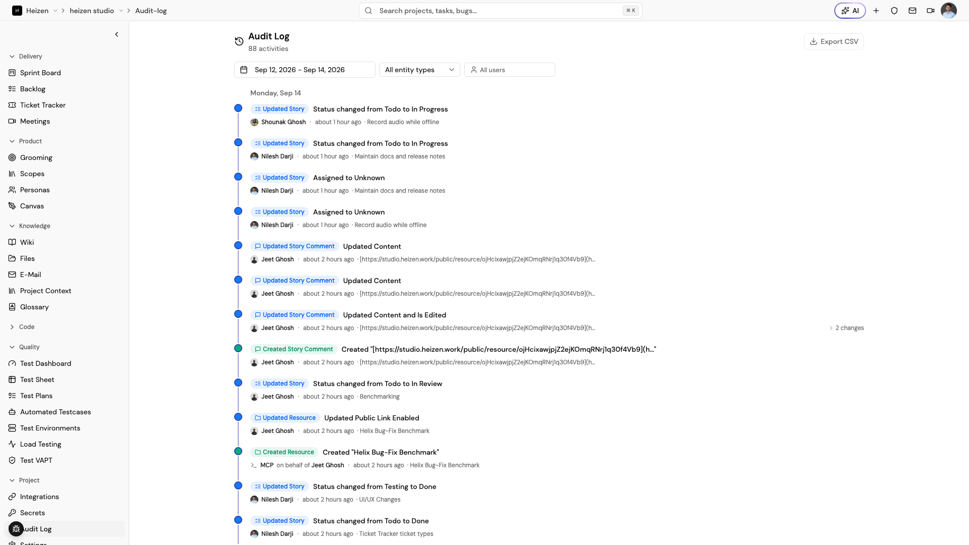 Heizen Studio Audit Log showing a timeline of entries grouped by day, each with the actor, action, entity, and time.