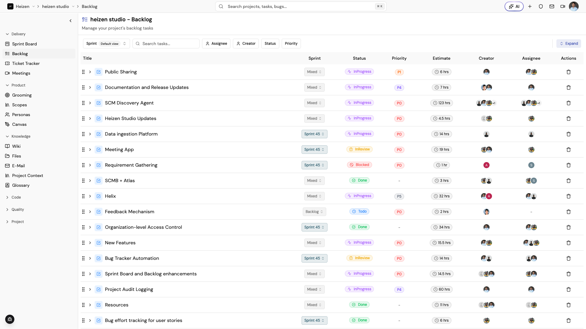 Heizen Studio Backlog showing expandable task groups, story rows, sprint filtering, and the story detail panel.