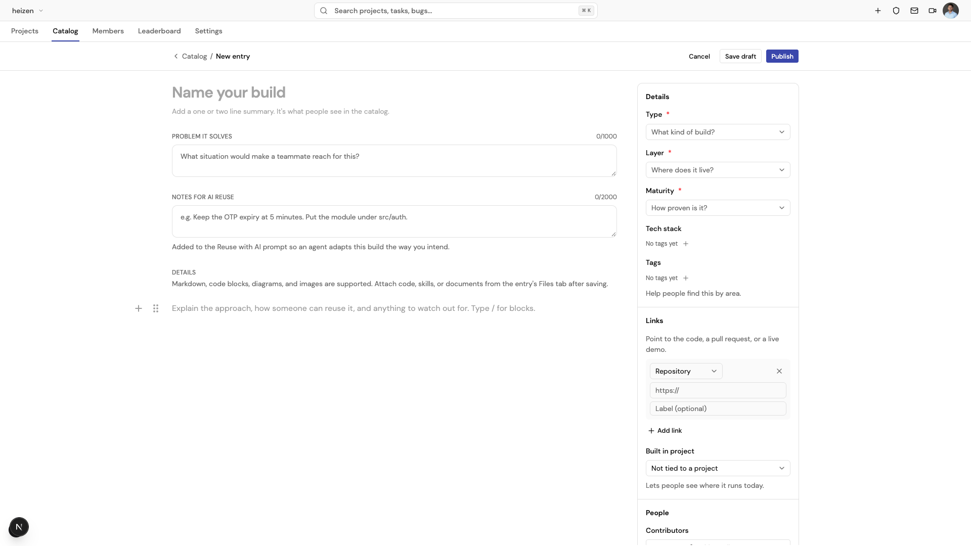 The new entry editor with the title and summary at the top, Problem it solves, Details, and Notes for AI reuse fields, and a side panel for type, layer, maturity, tech stack, tags, links, and project.