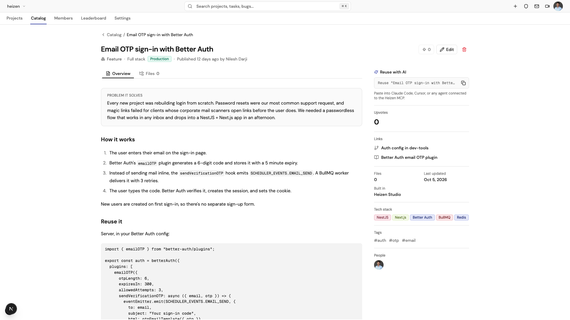 A catalog entry page with the title, type, layer, maturity, and author at the top, Overview and Files tabs, the problem it solves and details in the main column, and a side panel with Reuse with AI, upvotes, links, tech stack, tags, and people.