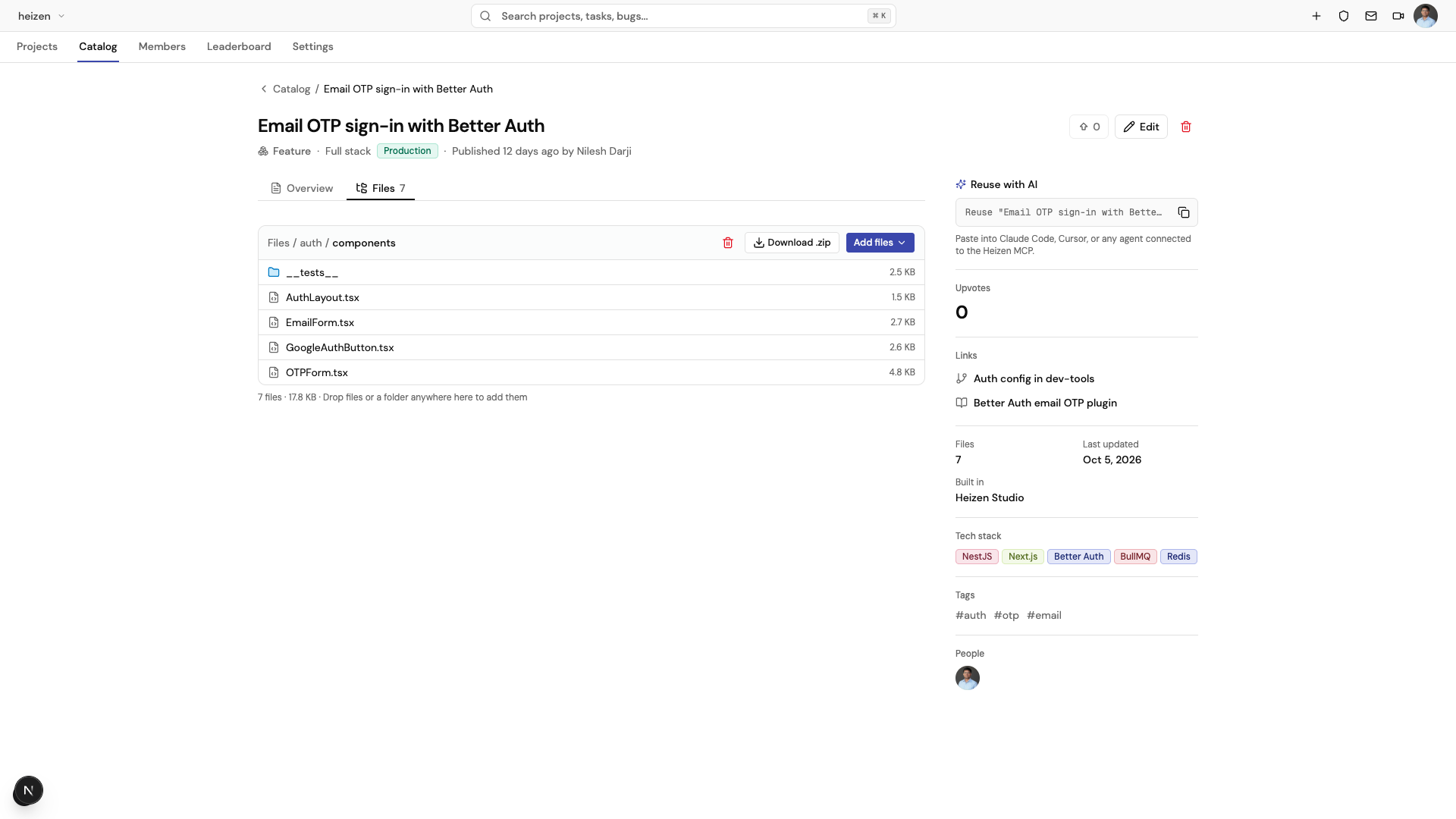 The Files tab of a catalog entry open at auth/components, listing a tests folder and four component files with their sizes, with Delete, Download .zip, and Add files actions above the list.