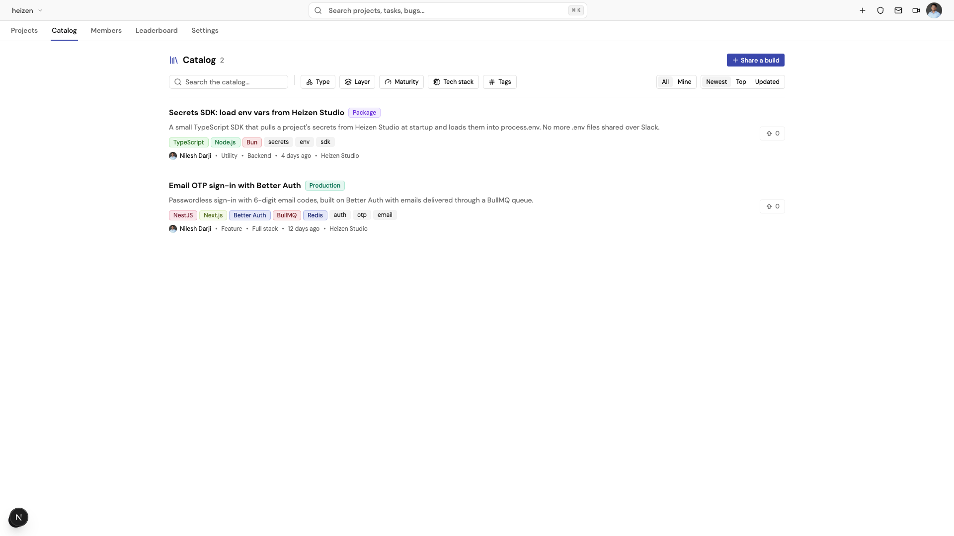 The Catalog list with a search box, Type, Layer, Maturity, Tech stack, and Tags filters, All and Mine toggles, sort options, and two entries showing their summary, tech stack, tags, author, and upvotes.