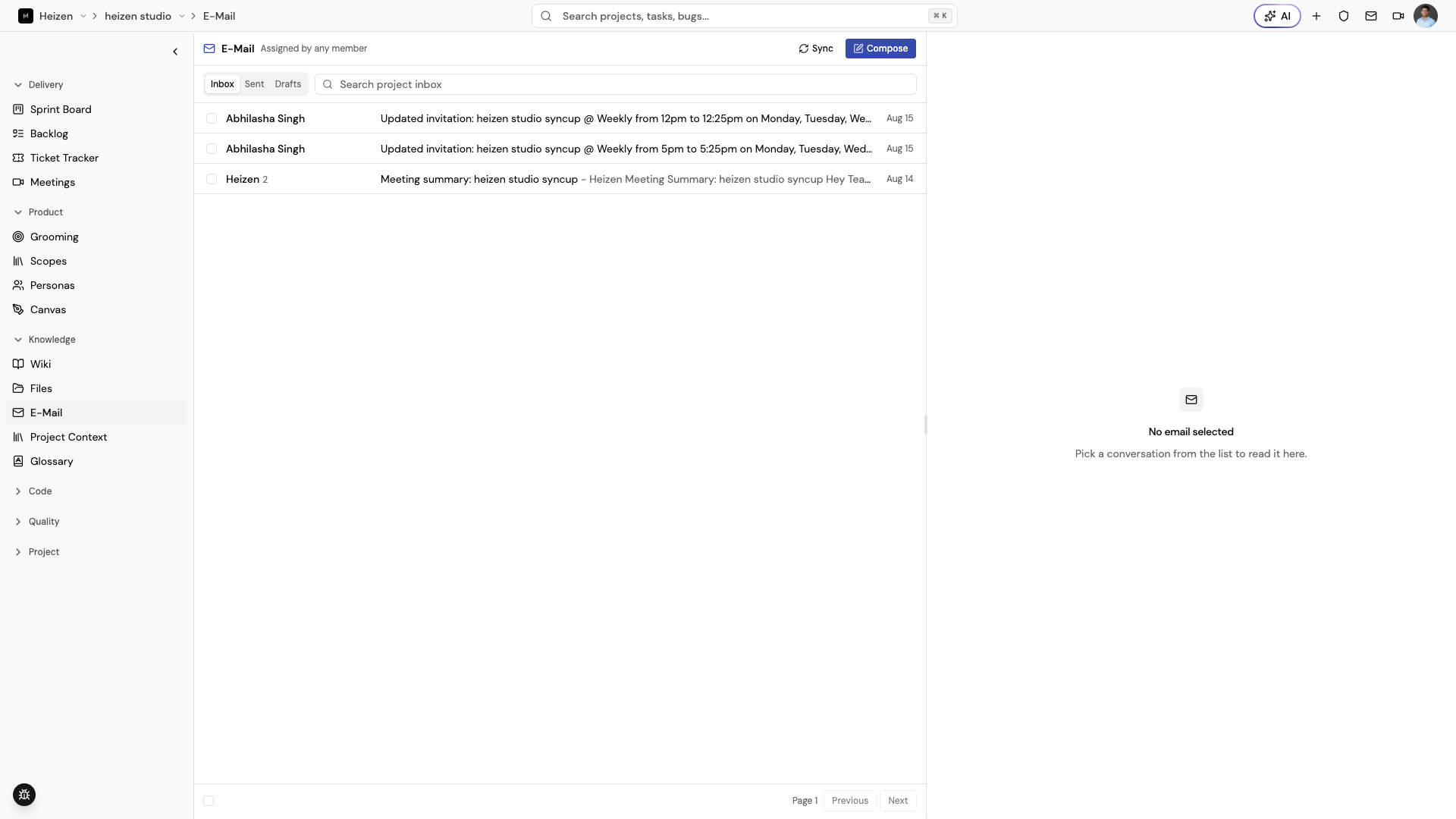 Heizen Studio project E-Mail showing Inbox, Sent, Drafts, search, thread selection, and the conversation detail pane.