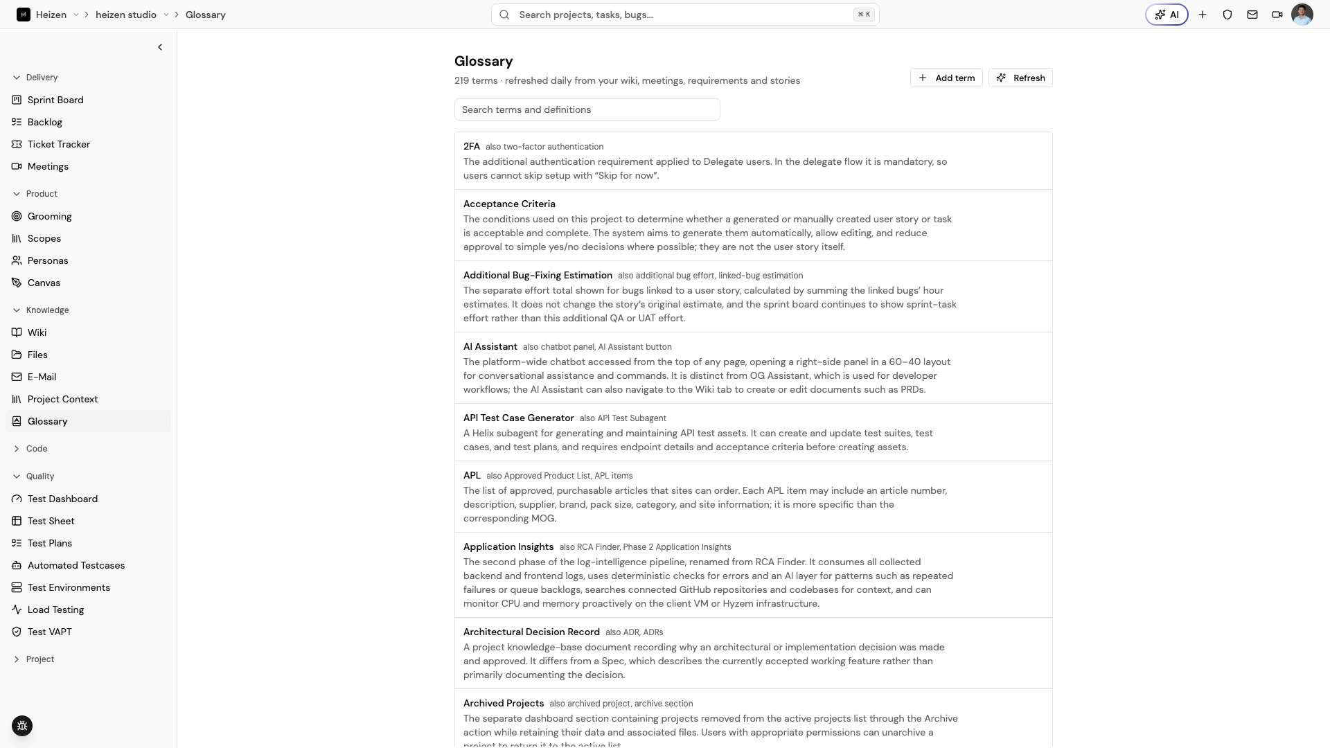 Heizen Studio Glossary page showing the term count, search field, and a list of terms with their aliases and definitions.