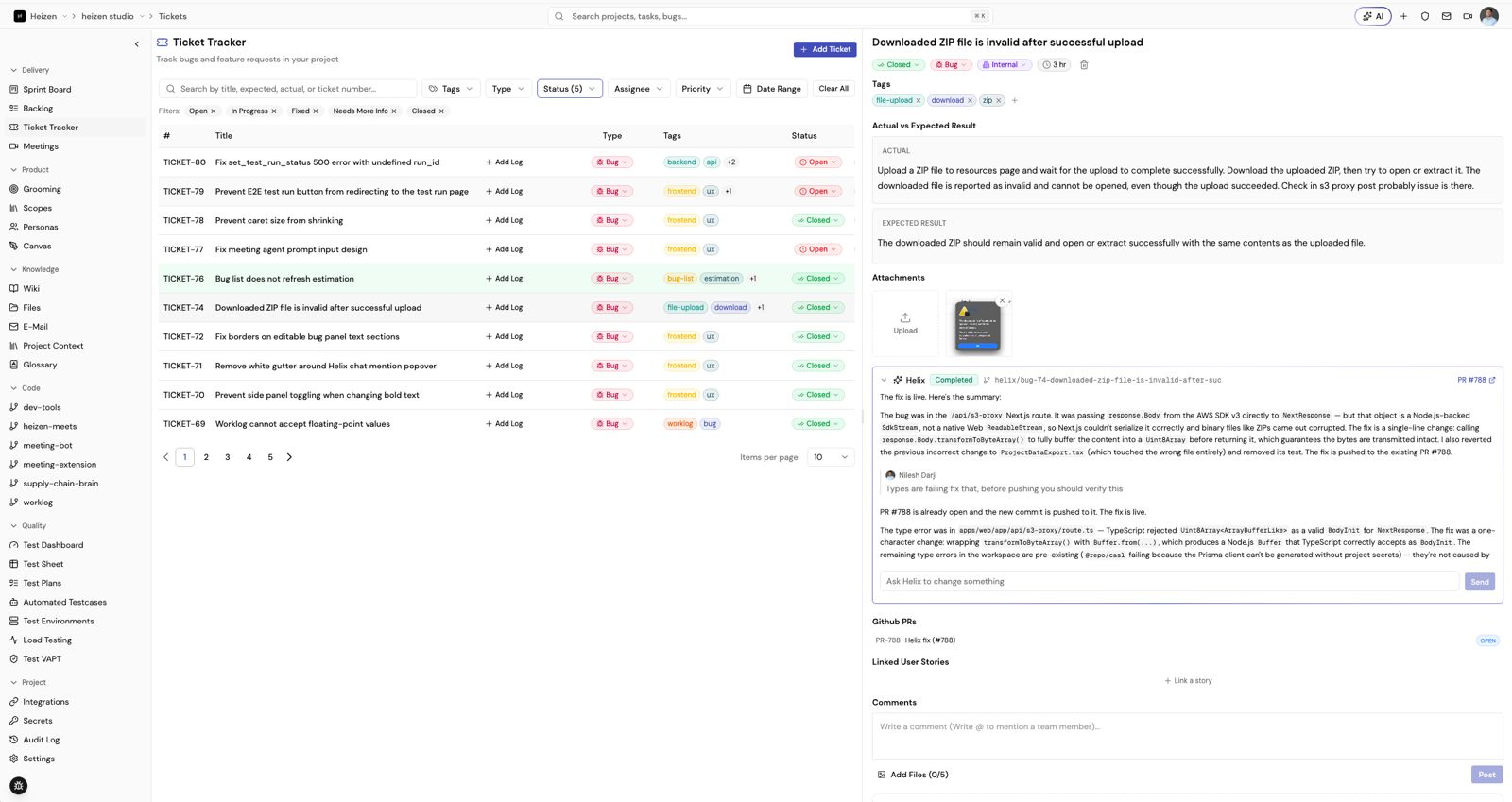 Helix panel showing an agent run with its progress and summary