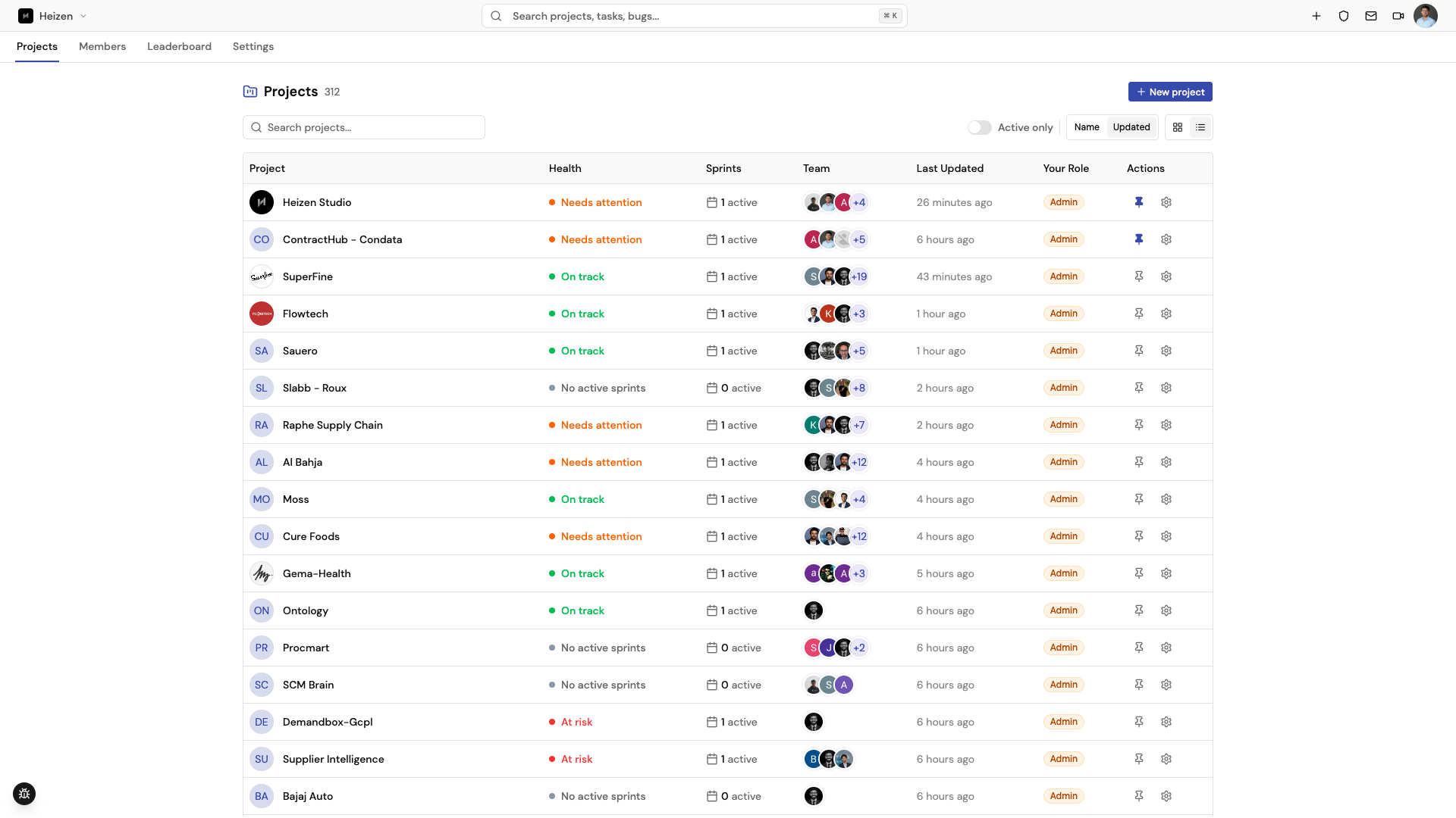 Heizen Studio organization dashboard listing projects with their health, active sprints, team, and last-updated time.