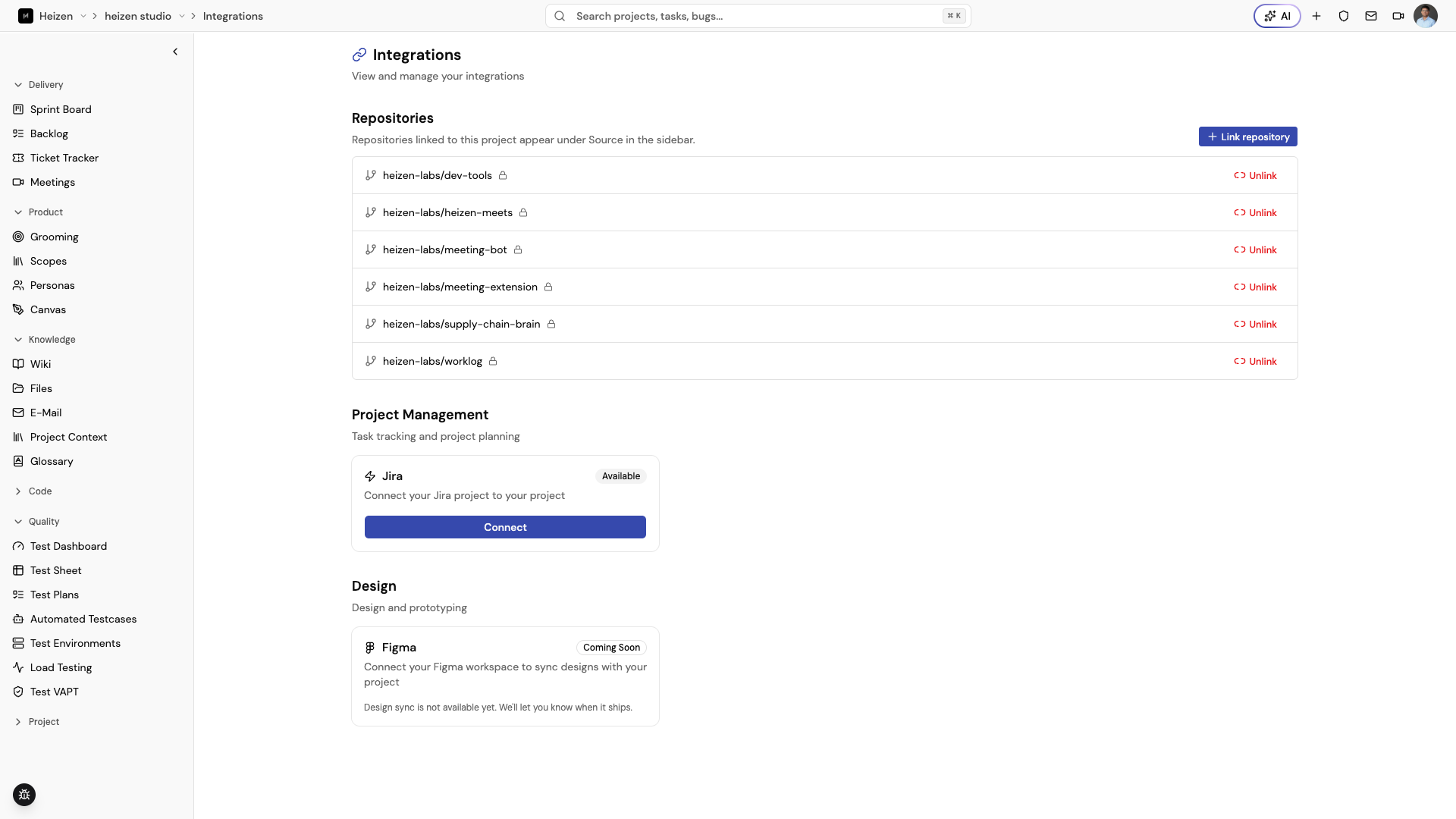 Project Integrations page showing linked GitHub repositories, the Jira connection card, and the Figma card marked Coming Soon.