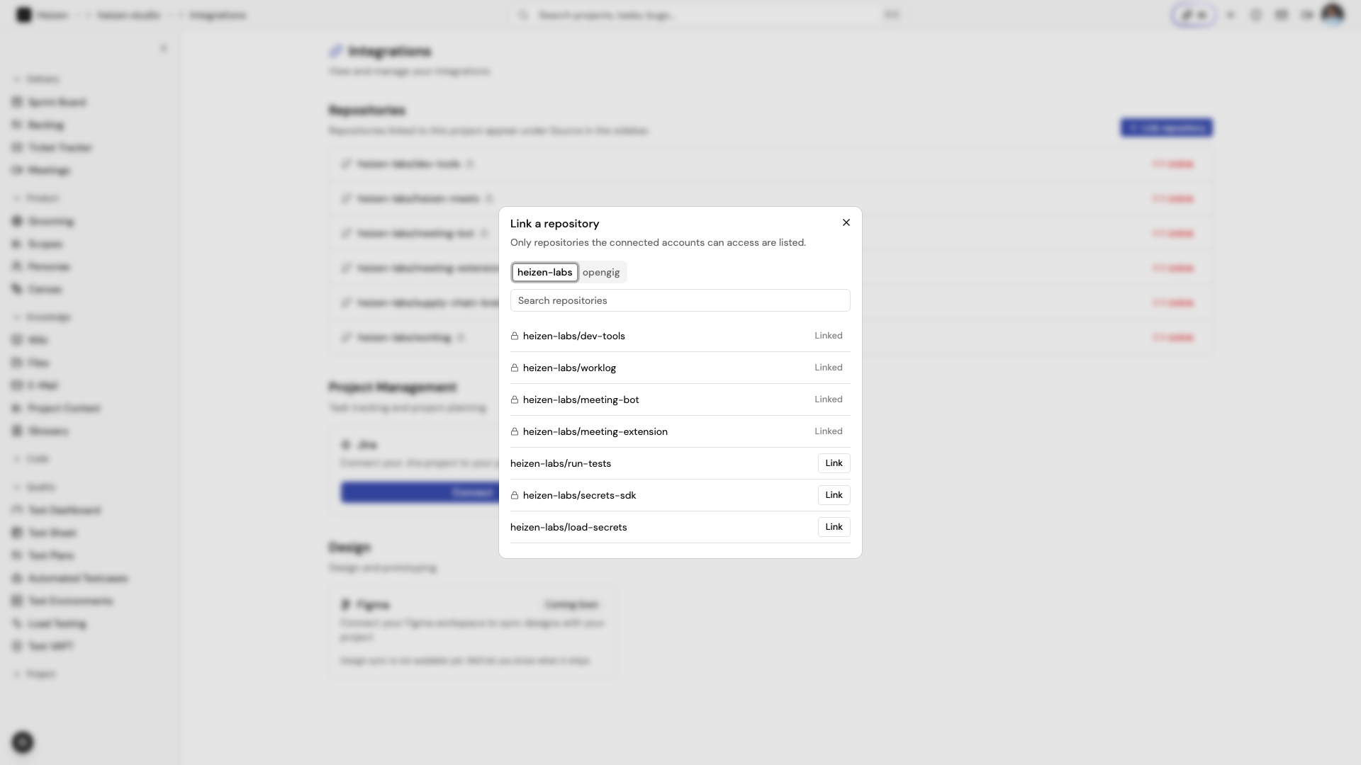 The Link a repository dialog with account tabs, a repository search field, and Link or Linked status per repository.