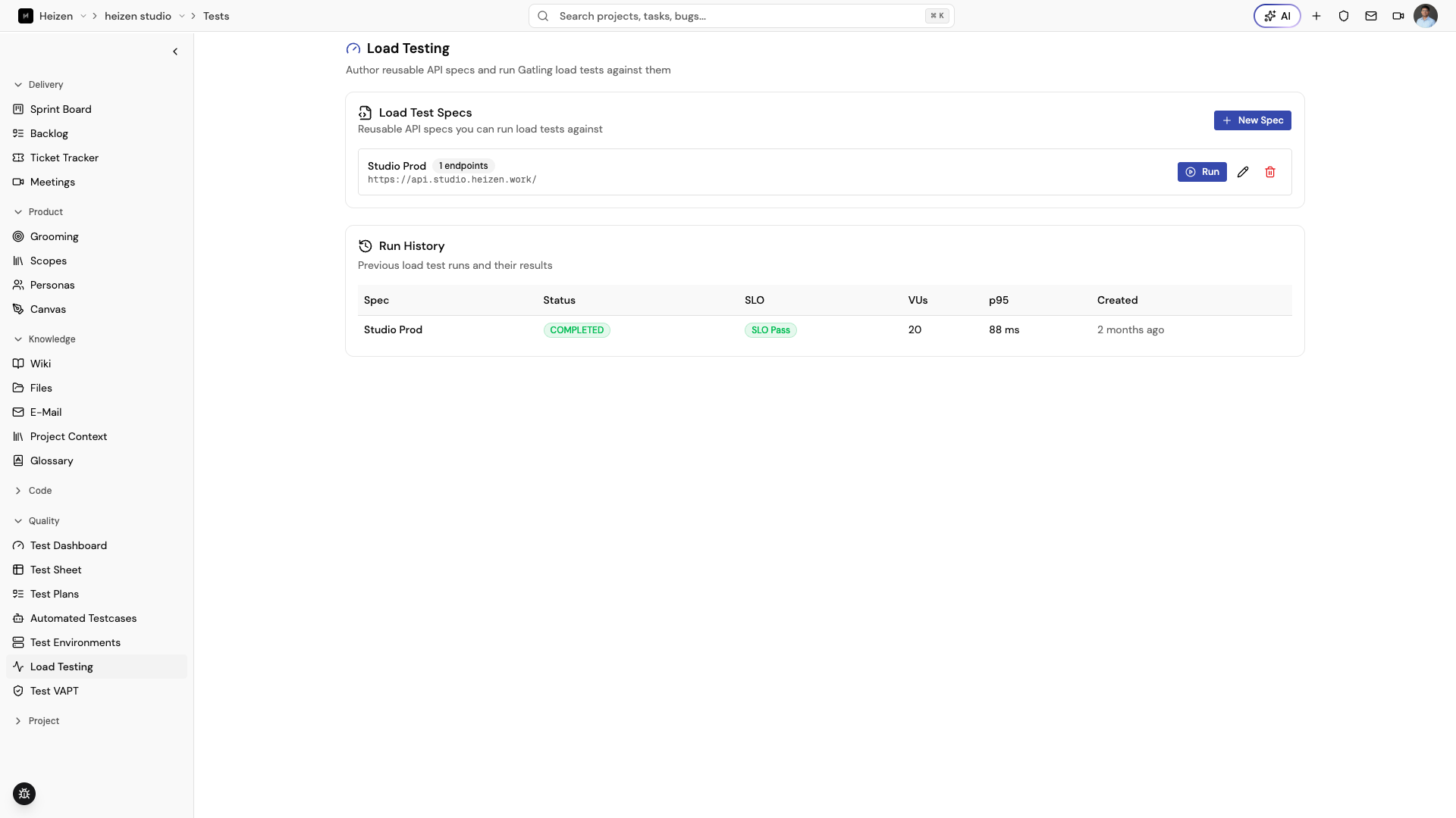 Heizen Studio Load Testing page showing reusable specs, endpoint counts, run history, and the Run Load Test dialog.