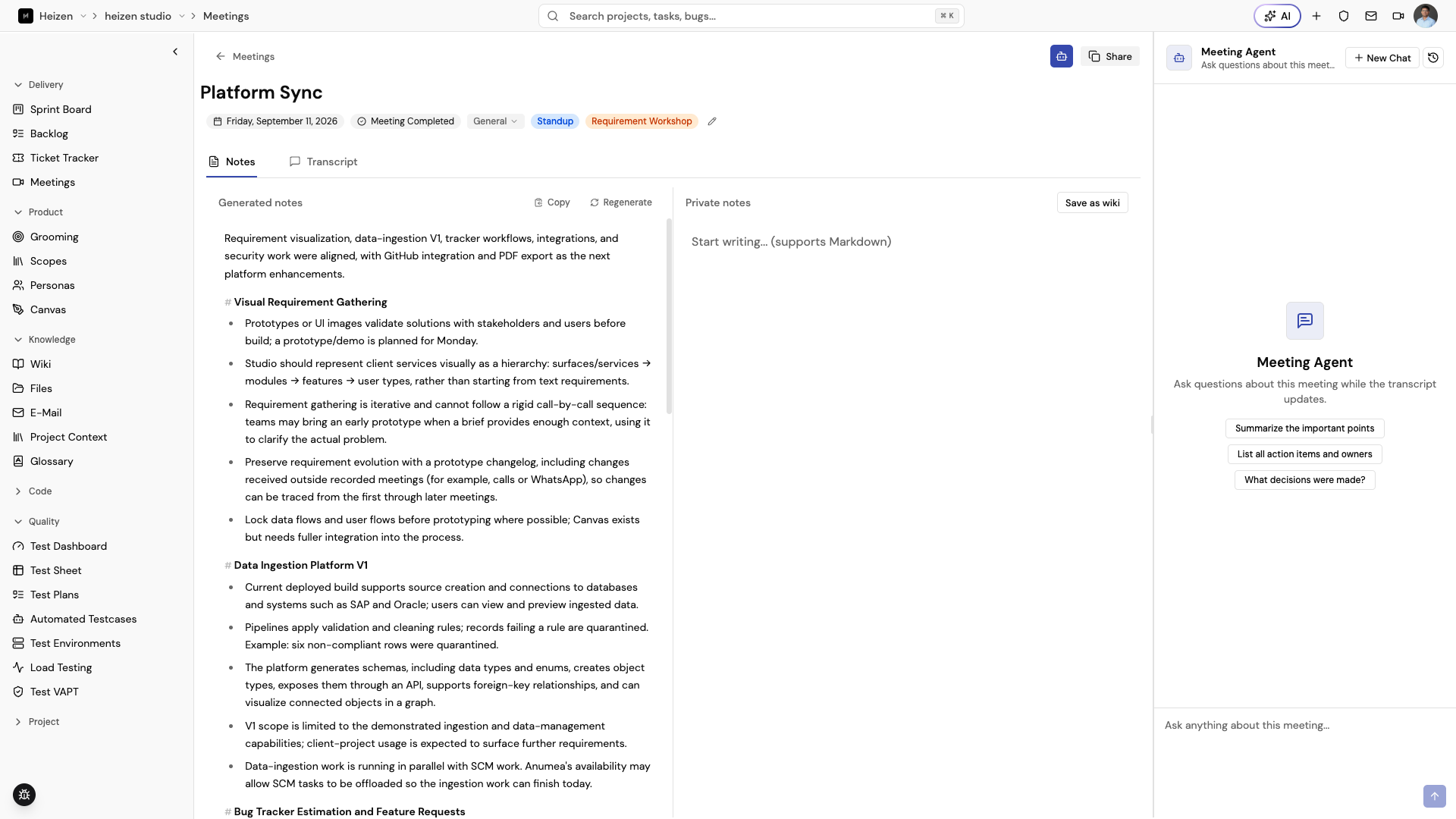 Heizen Studio meeting detail Notes view showing the meeting header, generated summary, private notes editor, AI panel, and Save as wiki action.