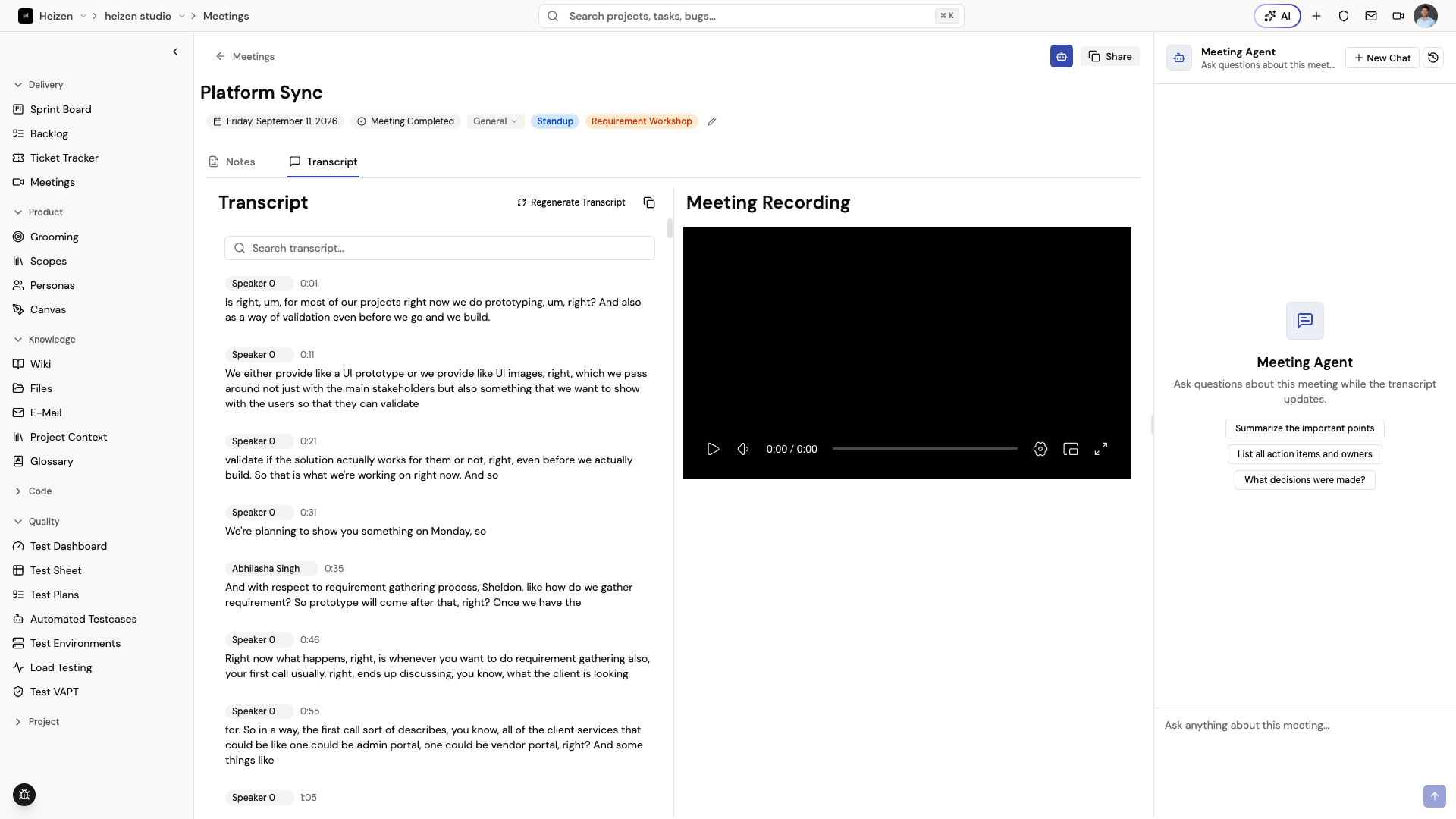 Heizen Studio meeting detail Transcript view showing searchable speaker segments on the left and the synchronized recording player on the right.