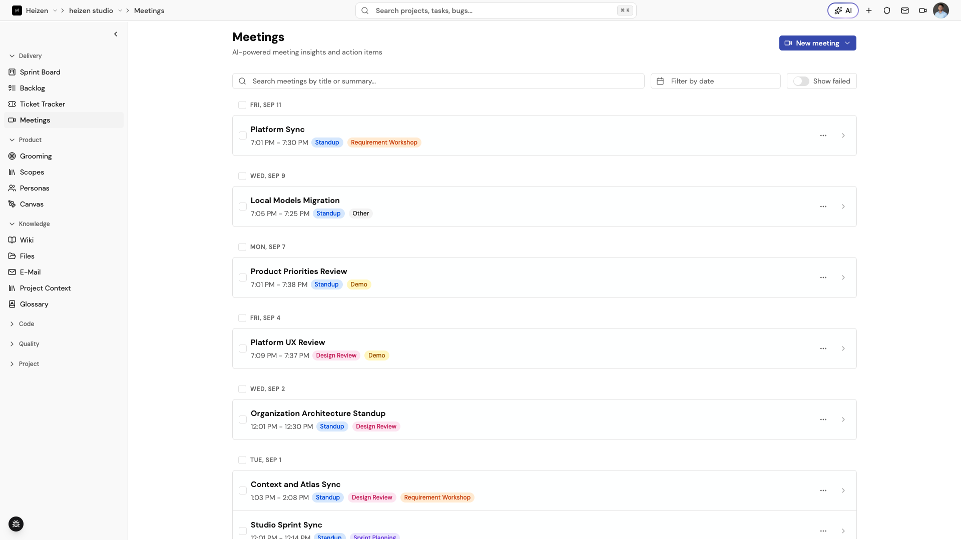 Heizen Studio Meetings list showing date-grouped meeting rows, search, date filters, failed-meeting filter, and the New meeting menu.