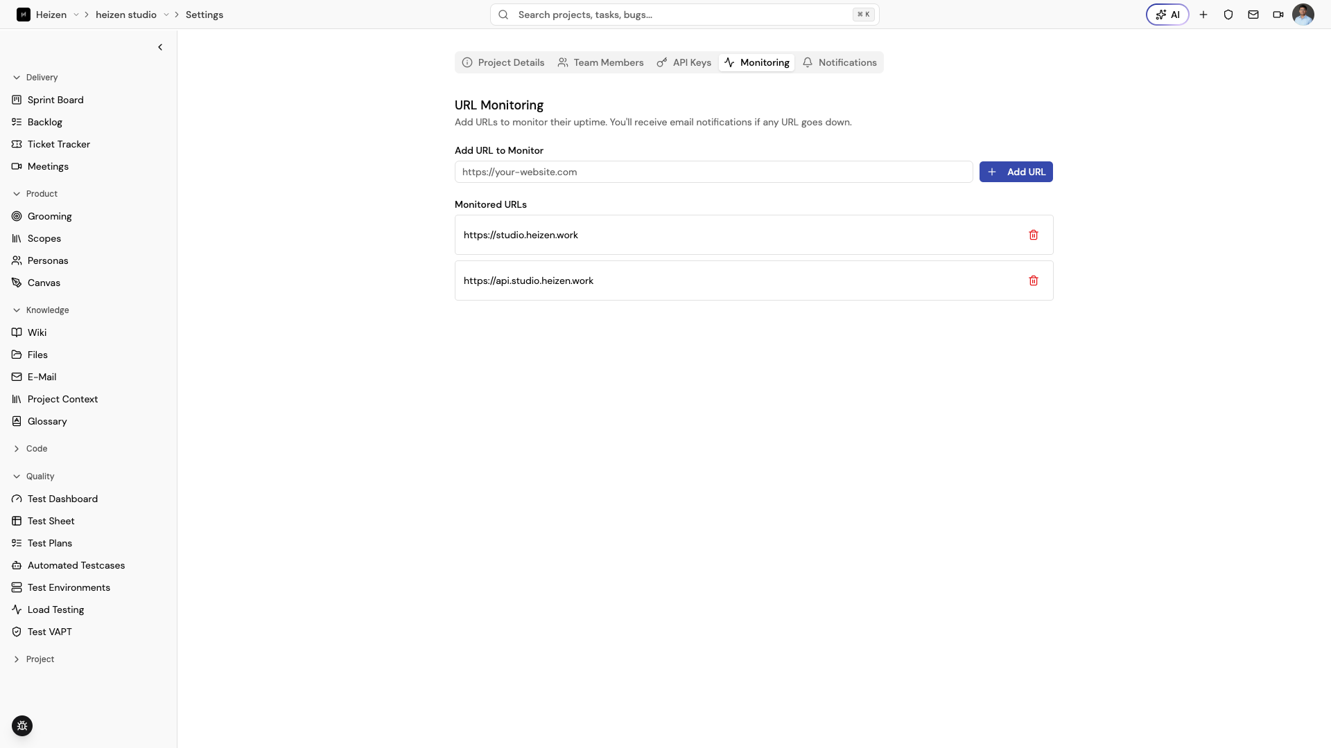 Heizen Studio URL Monitoring tab showing the Add URL to Monitor form and the list of monitored endpoints.