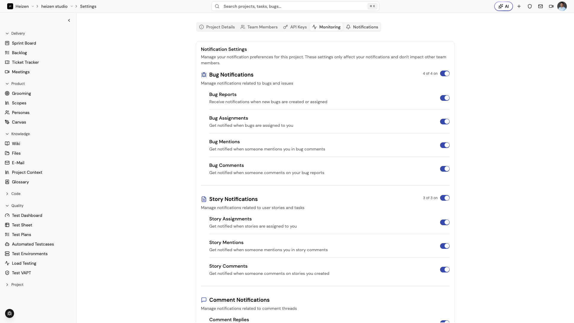 Heizen Studio Notifications tab showing the Ticket, Story, and Comment notification groups, each with per-item switches and an on-count.