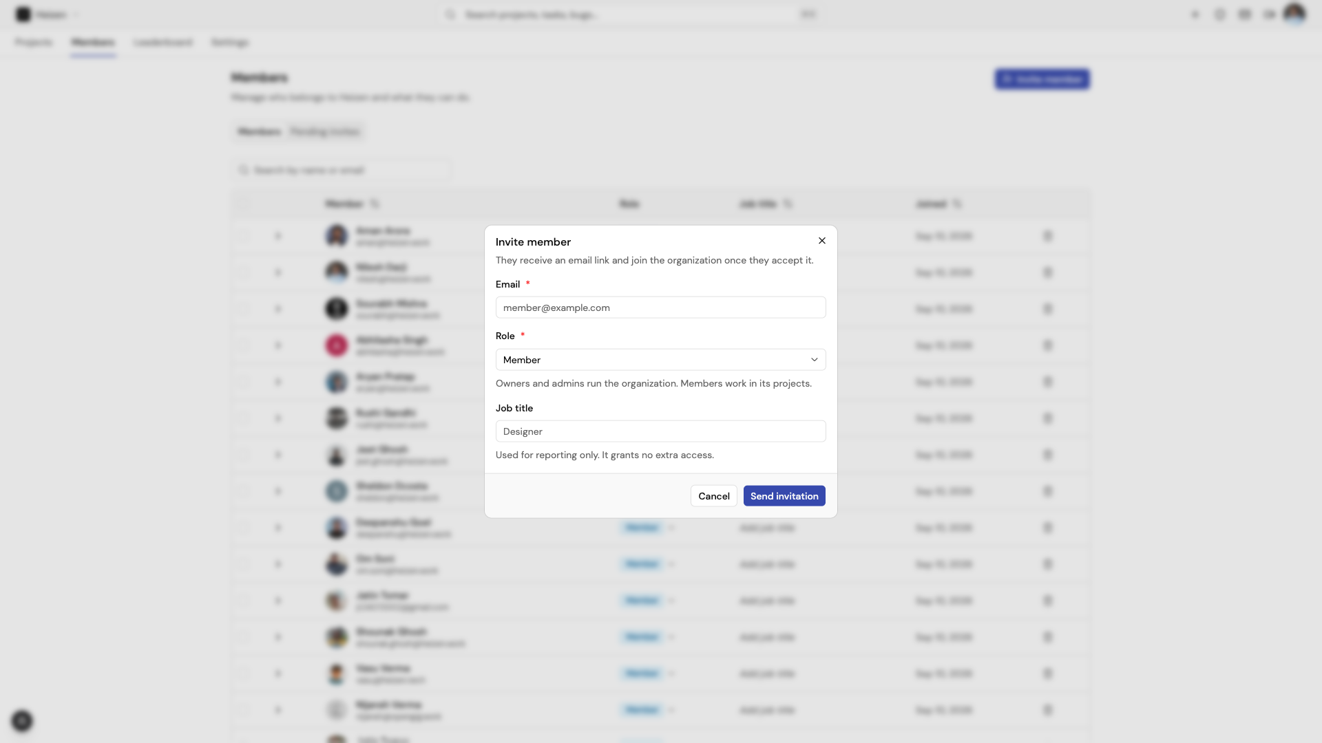 The Invite member dialog on the organization Members page, with Email, Role (Member selected), and Job title fields.