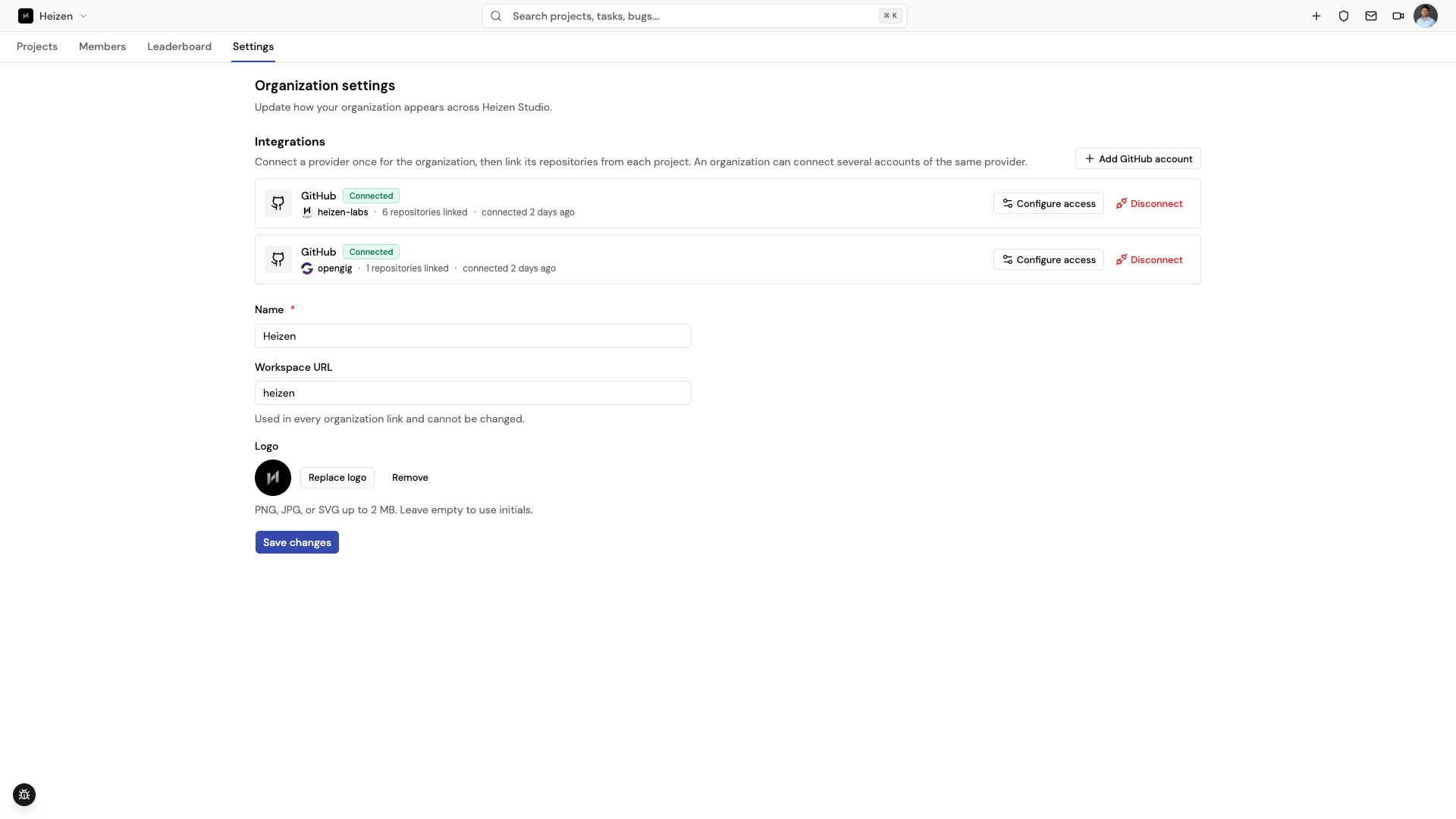 Organization Settings showing two connected GitHub accounts with their linked repository counts and Configure access / Disconnect actions.