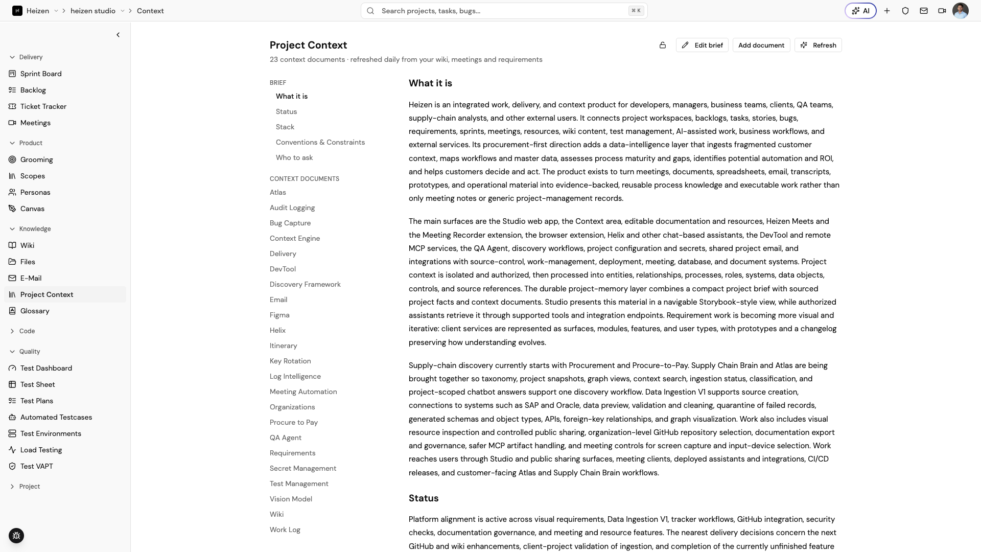 Heizen Studio Project Context page showing the brief navigation (What it is, Status, Stack, Conventions & Constraints, Who to ask) and a list of sourced context documents.