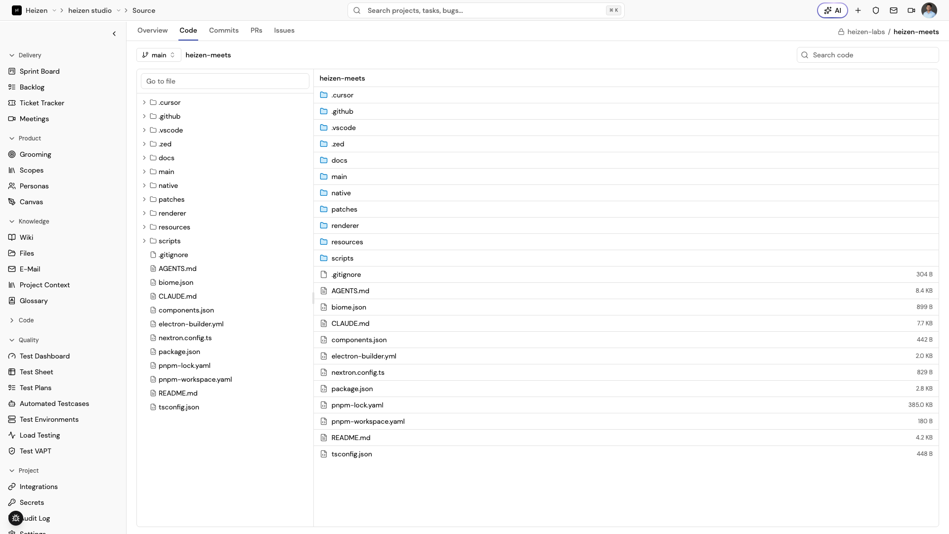 Repository code browser with the file tree, branch switcher, and file viewer