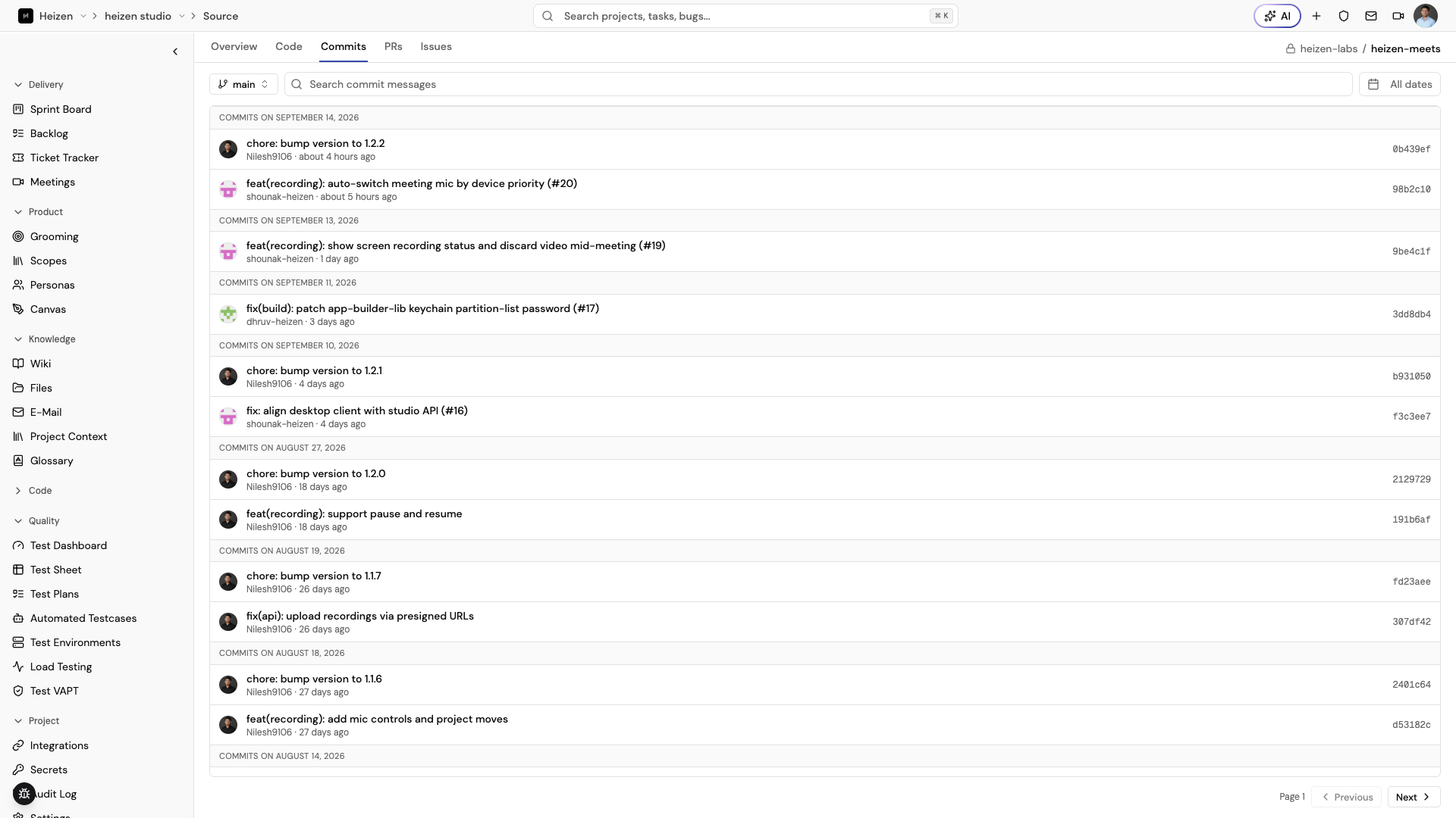 Commits list grouped by day with branch switcher and search