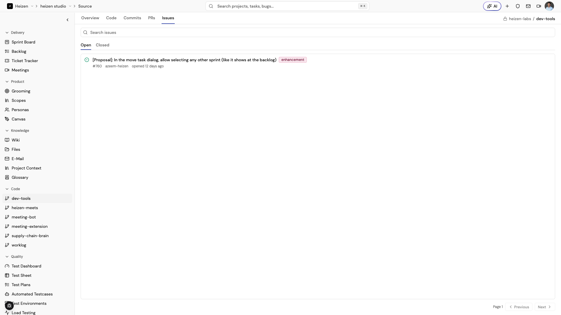 Heizen Studio “Source” sidebar section expanded to show every repository linked to the project.