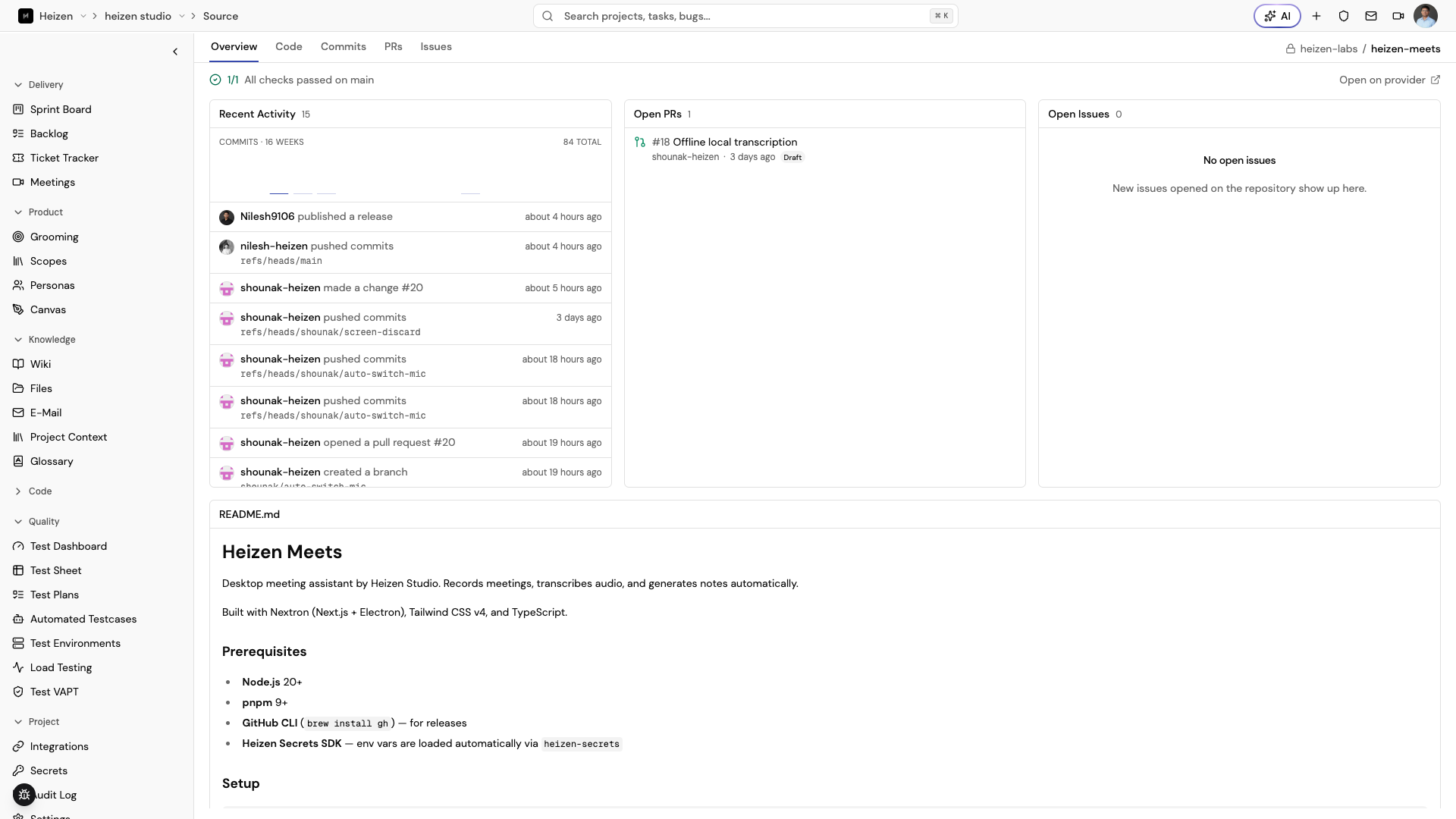 A repository’s Overview tab showing recent activity, open PRs, open issues, and the rendered README.