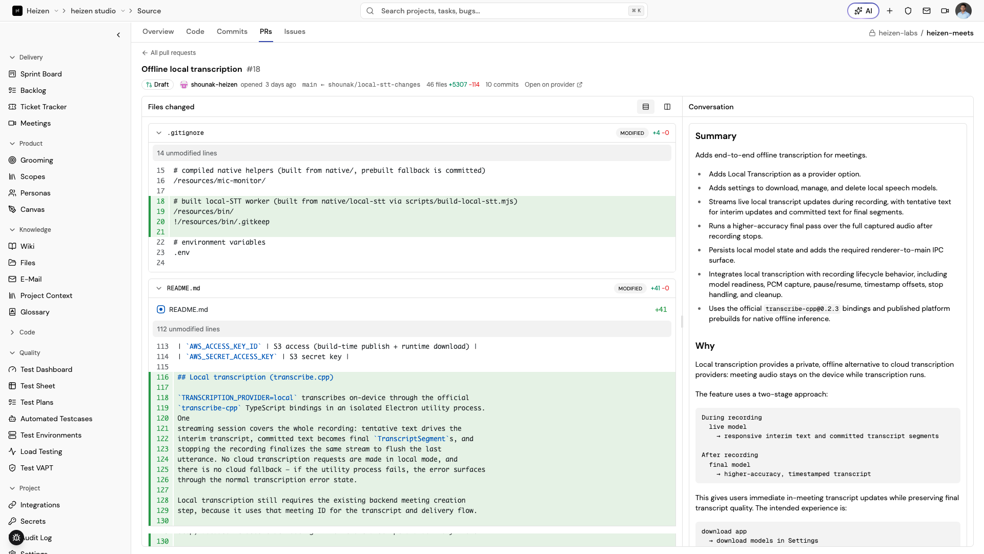 A pull request detail view with the file diff on the left and an AI-generated Summary and Why section on the right.