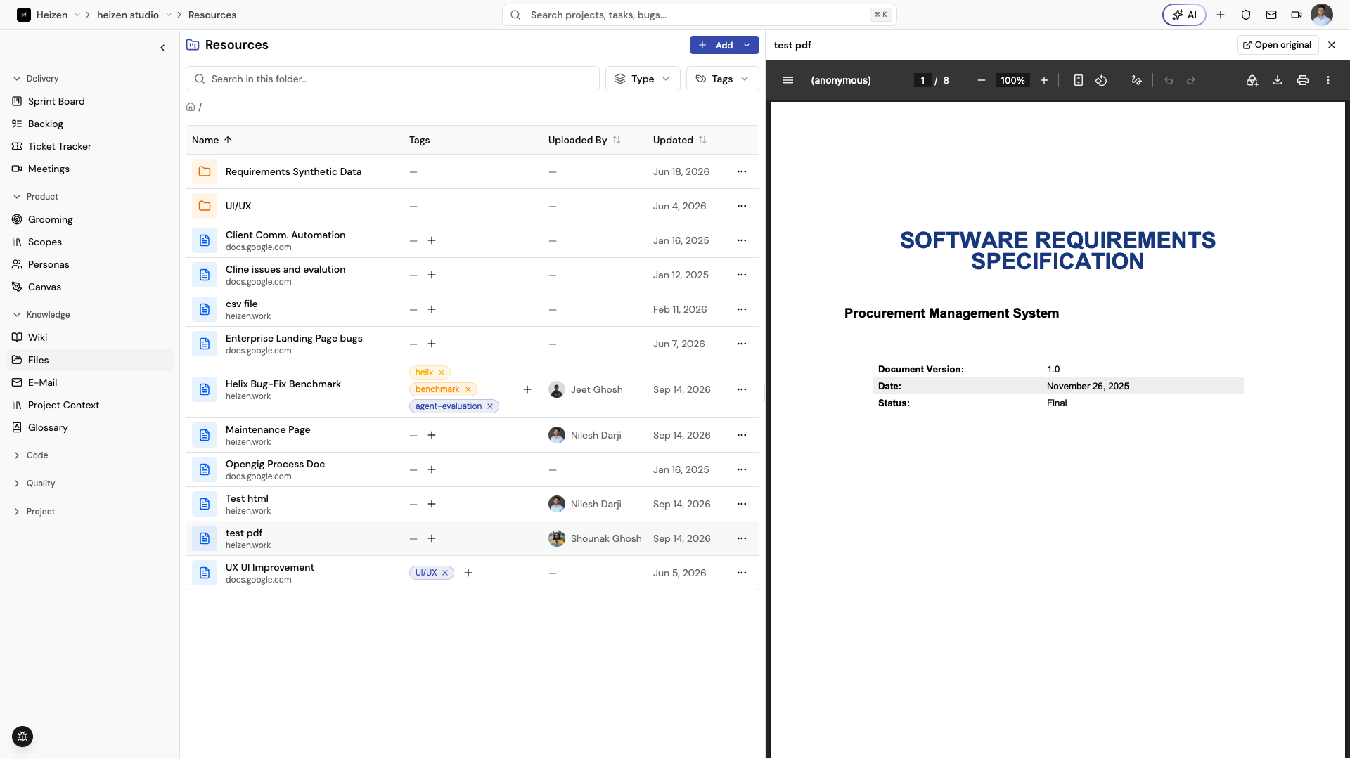 Resource preview panel showing a document with its metadata and tags