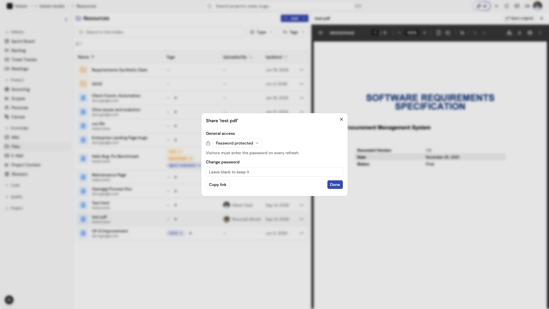 Resource share dialog creating a public link