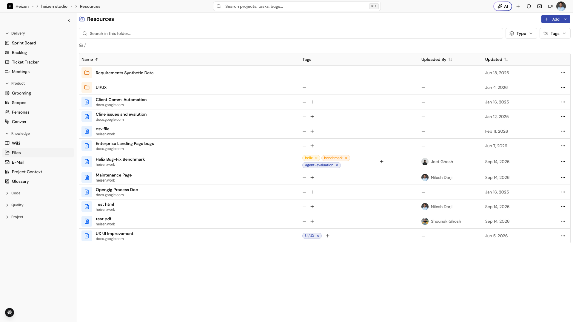 Heizen Studio Files page showing folders, resources, breadcrumbs, search, type and tag filters, and the Add menu.