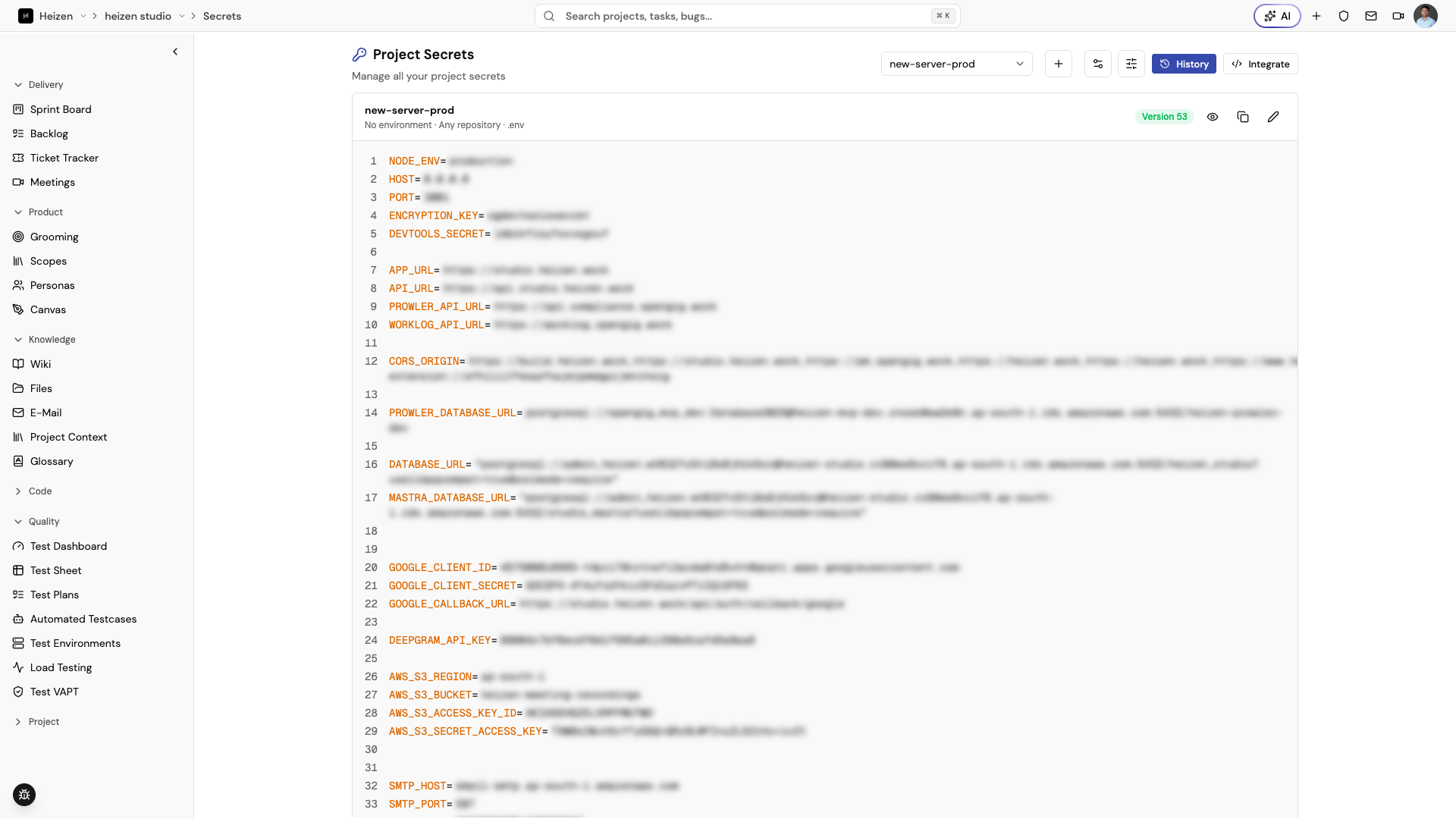 Project Secrets page showing environment tabs, secret entries, and the integration guide