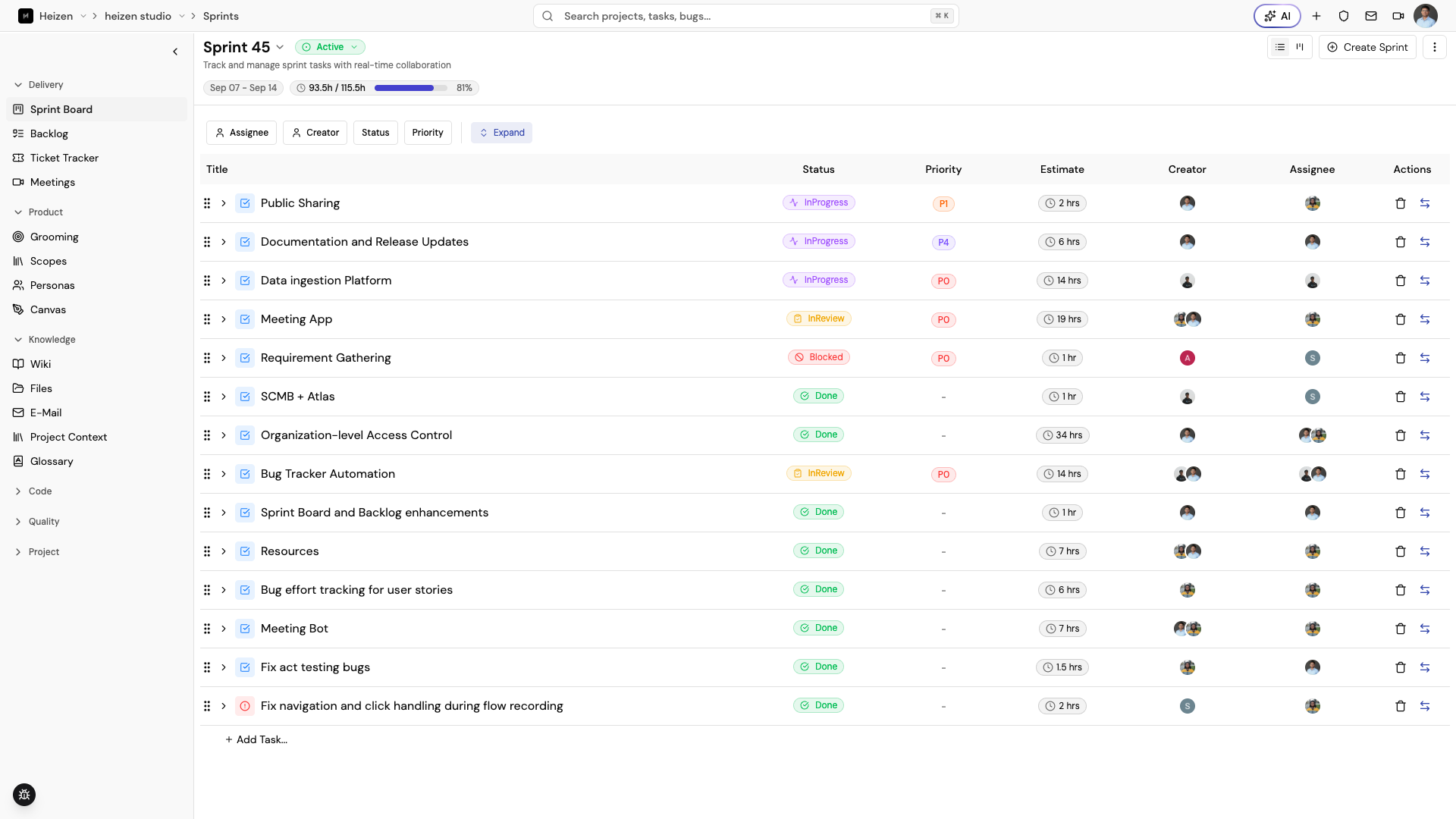 Heizen Studio Sprint Board in list view showing the sprint header, date range, hours burned, and task rows with status, priority, estimate, and assignee.