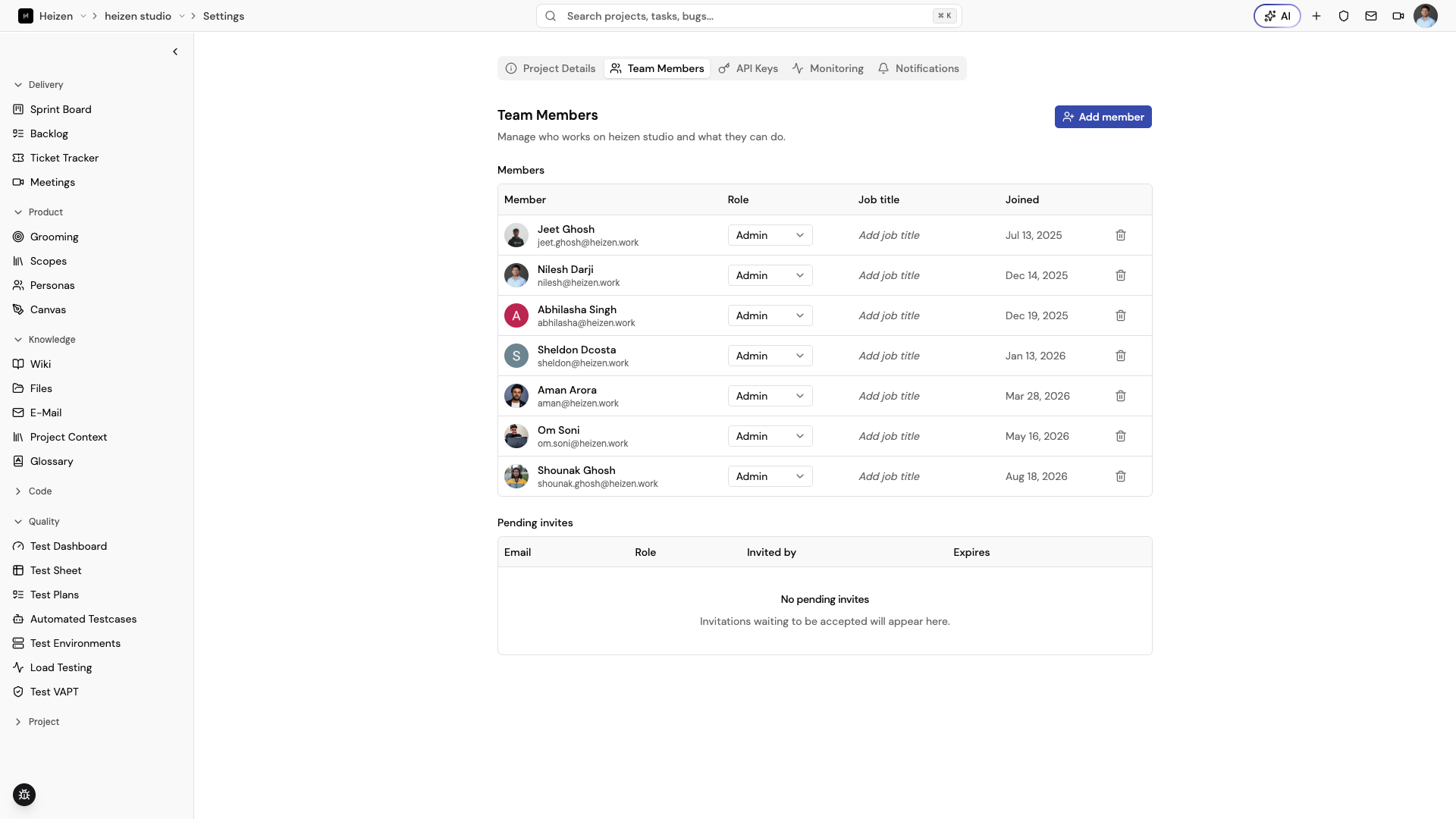 Heizen Studio Team Members tab showing the member list with role, job title, and joined date.