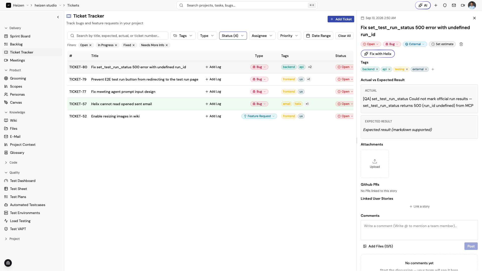 A ticket detail panel with the “Fix with Helix” button next to its status, type, and source fields.