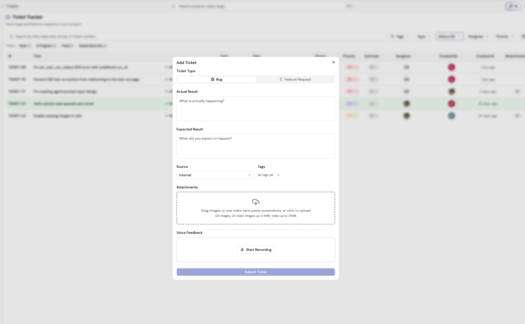 The Report a Bug dialog with the Bug / Feature Request segmented toggle at the top, description fields, Source, tags, attachments, and voice feedback.