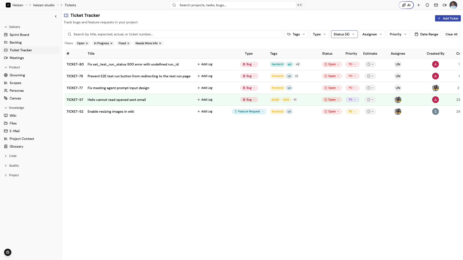 Ticket Tracker with type and status columns and the filter bar