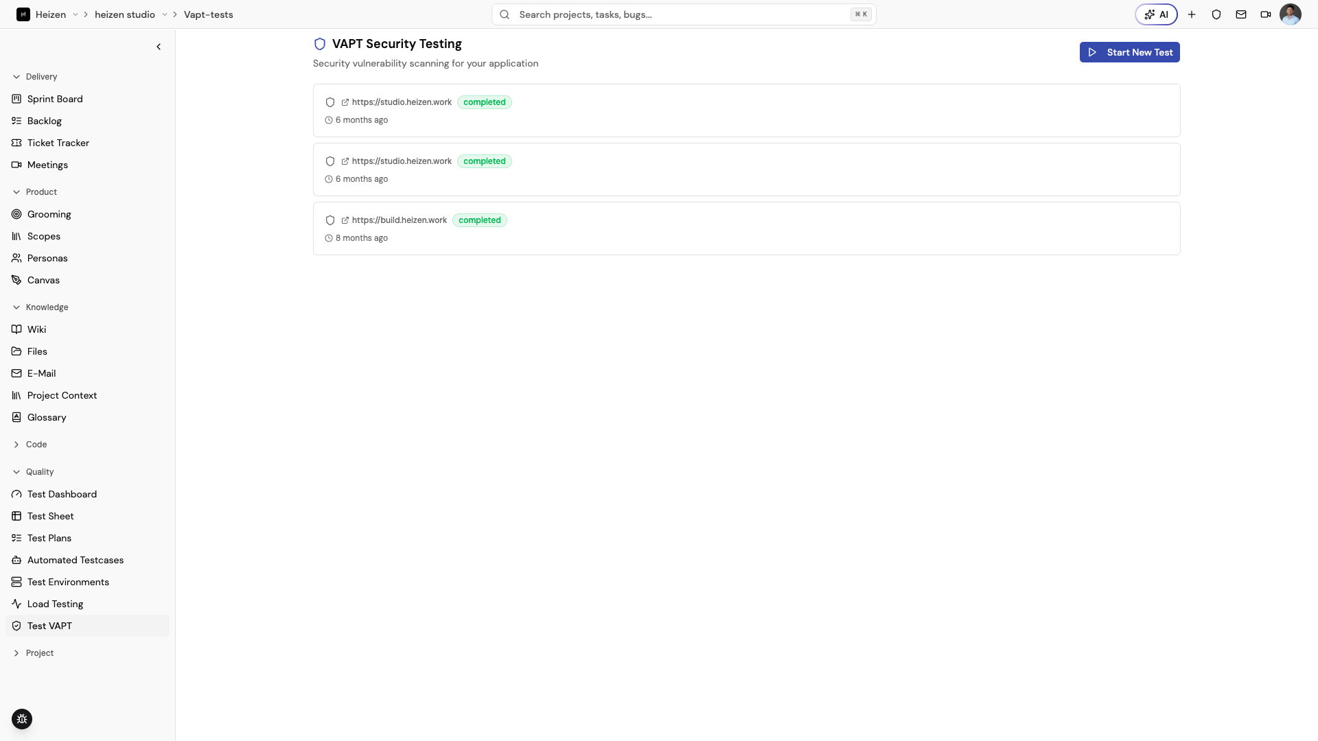 Heizen Studio VAPT Security Testing page listing completed scans with their target URL and status, and the Start New Test action.
